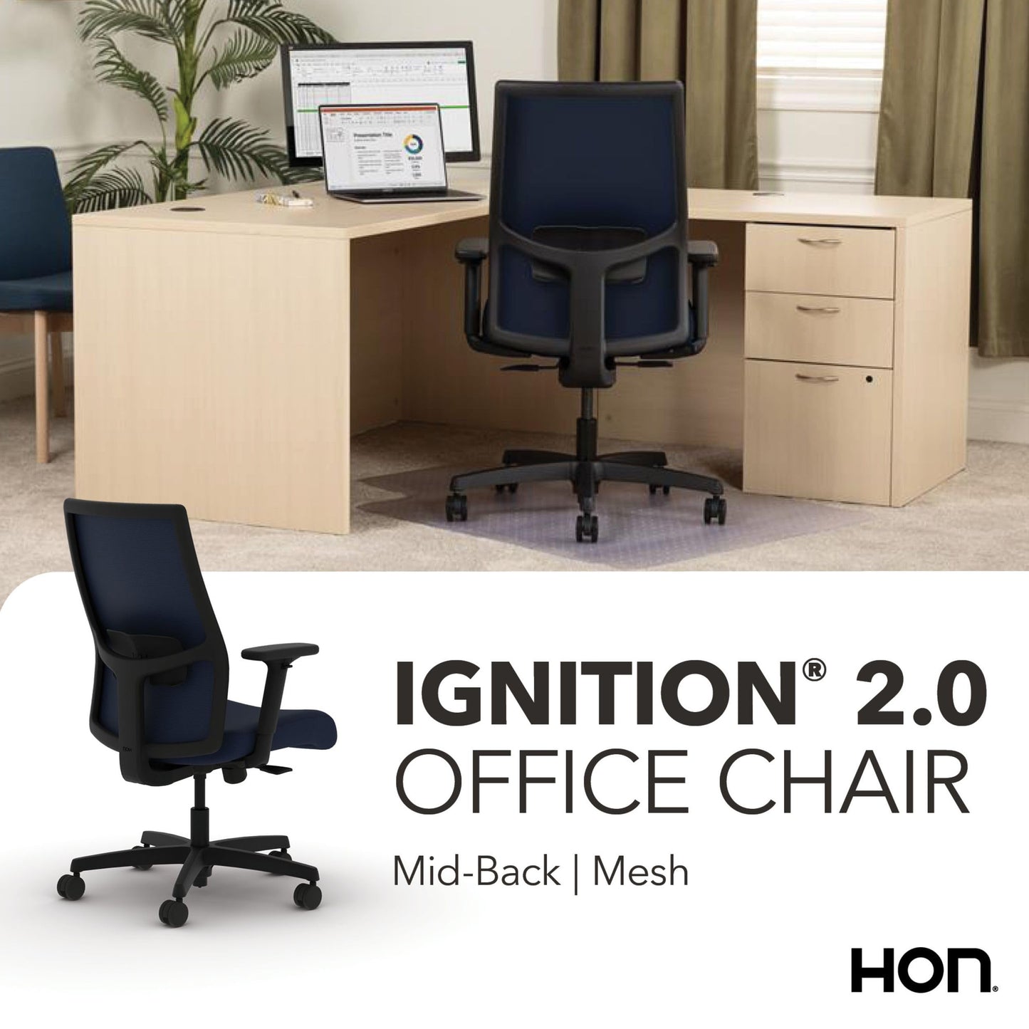 HON Ignition 2.0 Mid Back Task Chair, Spectrum Mesh, Standard Synchro-Tilt Control, Office Chair with Lumbar Support, Height and Width Adjustable Arms, Black Frame, Blueberry