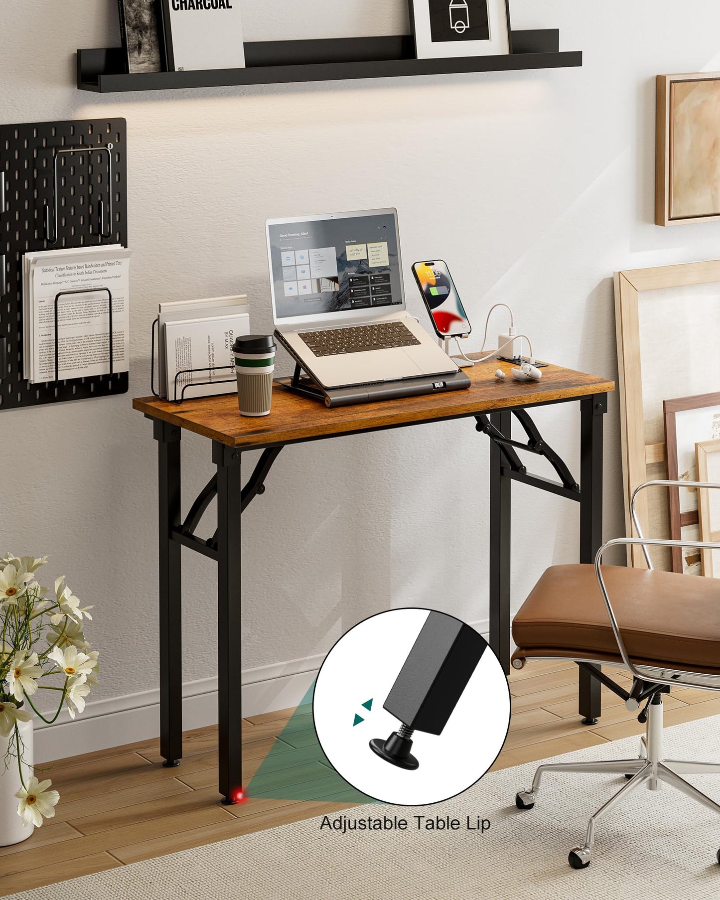 Frylr Small Folding Computer Desk β 35.8 Inch Portable Table for Craft and Study, Lightweight Desk for Small Spaces, Foldable Laptop Table Built-in AC/USB Outlets for Convenience, Rustic Brown
