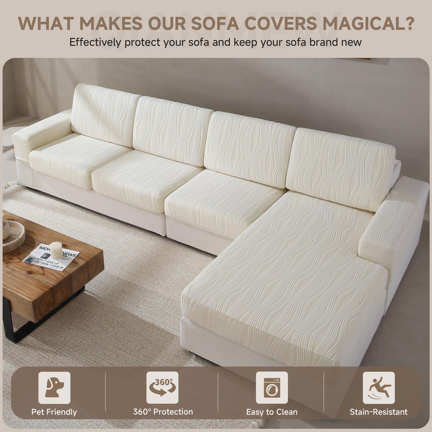 QIANMEW Couch Cushion Covers, Super Stretch Washable Sofa Slipcovers for L Shaped & Modular Seats, Pet-Friendly Furniture Protector with Stripe Design, (1 Seat Cover XL, Ivory)