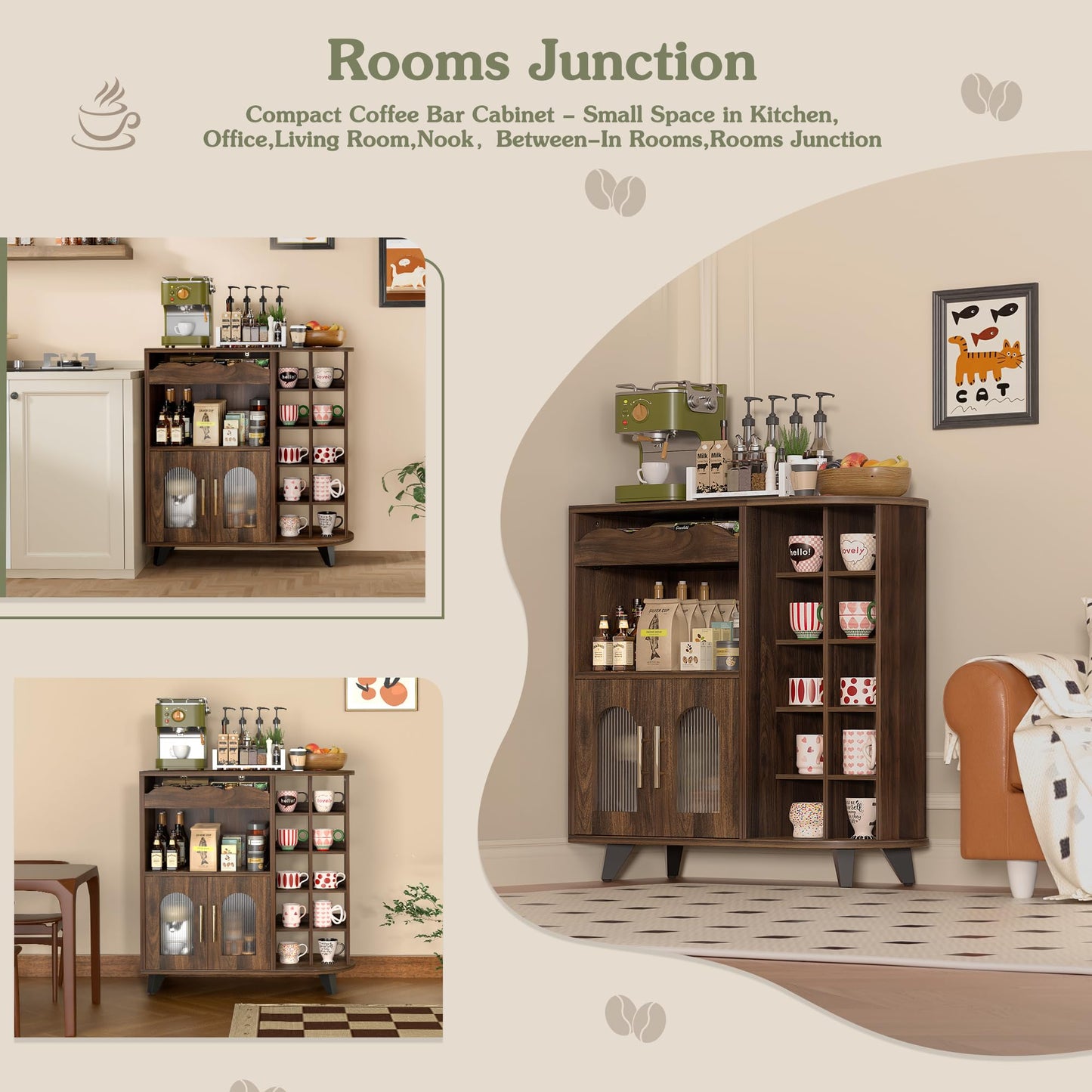 VINAEMO Coffee Bar Cabinet with 24-Cup Display, Large Drawer & Storage,Modern Buffet Sideboard for Kitchen, Medium Wooden Bar Station for Apartment๏ผWalnut