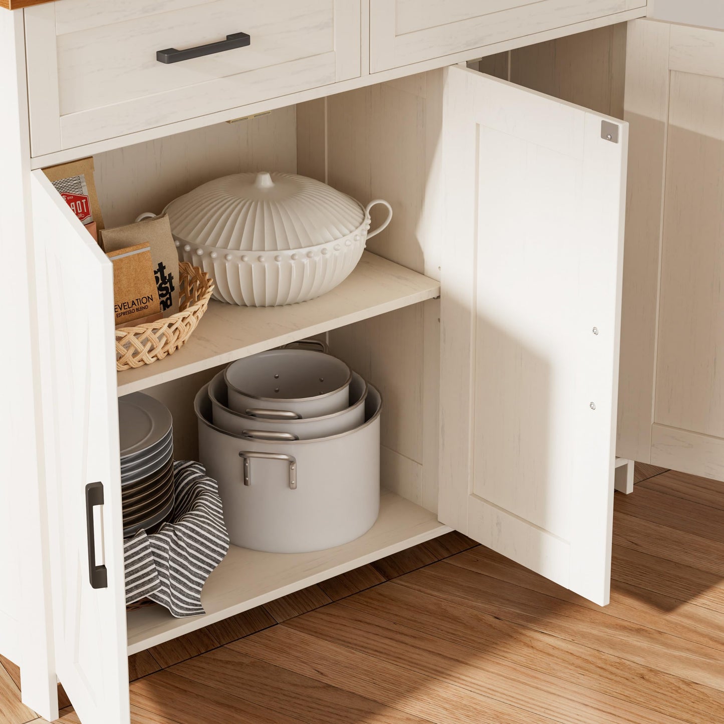 Homhedy Sideboard Buffet Cabinet, Coffee Bar Storage Cabinet with Drawers and Doors, Farmhouse Kitchen Cabinet with Adjustable Shelves, for Kitchen, Dining Room, Living Room, Rustic White and Brown