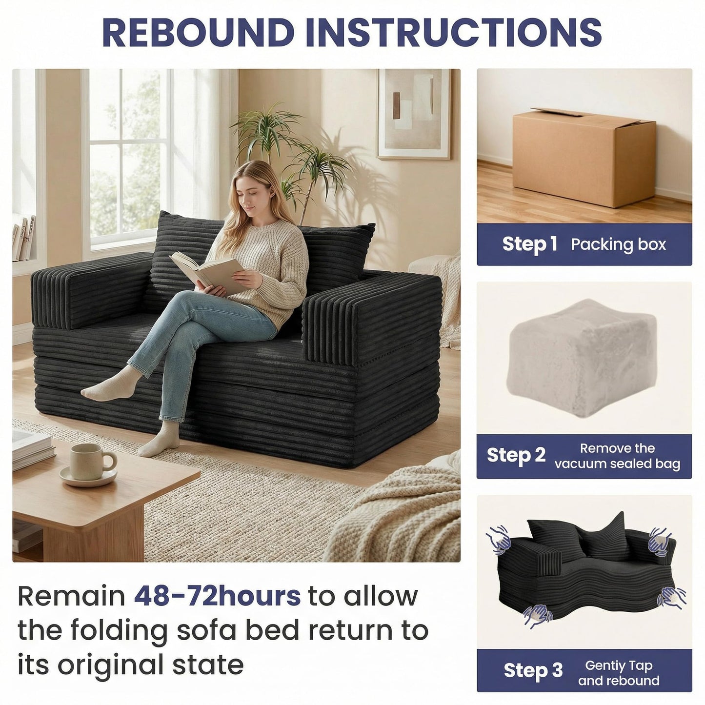 Winzoo Convertible Sofa Bed, 4-in-1 Boneless Loveseat with Removable Armrests Backrest, Corduroy Futon Couch Bed with Pillow, Foldable Mattress Sleeper Sofa for Living Room Bedroom Small Place (Black)