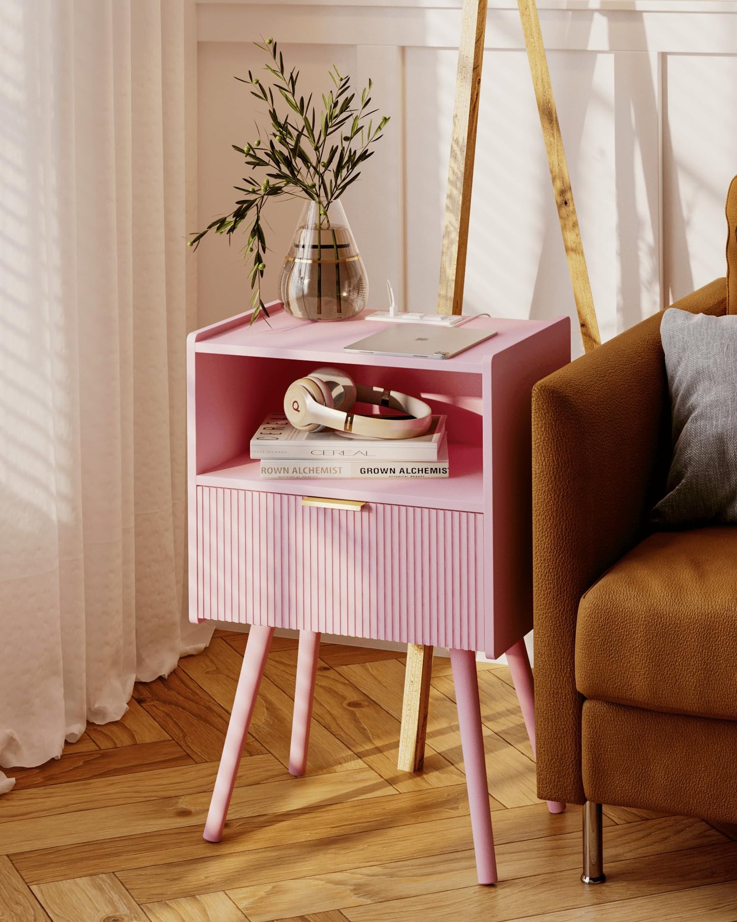 JOONEE Nightstand with Oultlet,Modern Bedside Table with Storage Drawer and Open Wood Shelf, for Living Room, Bedroom and Small Spaces, Accent Night Stand with Solid Wood Legs, Easy Assembly,Pink