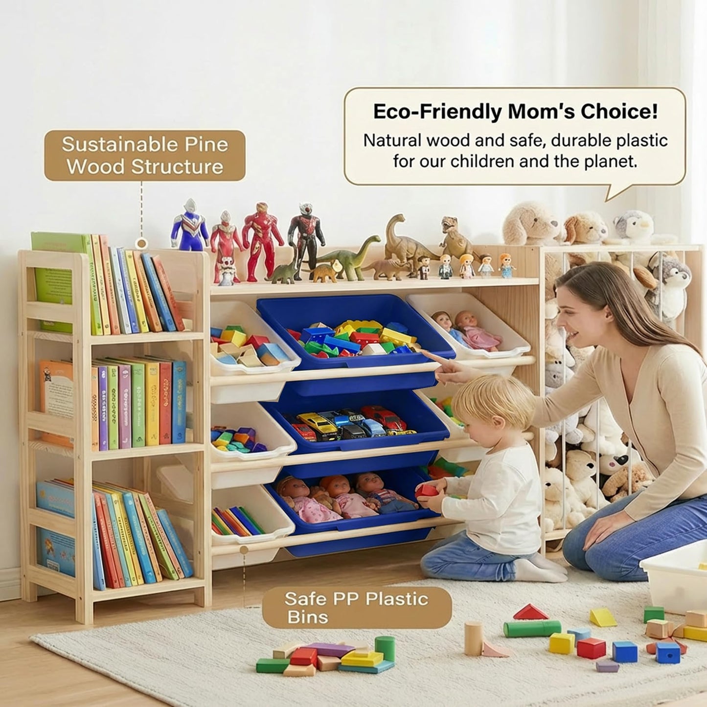 Amdermi Kids Toy Storage Organizer with 9 Plastic Bins, 3-Tier Wooden Shelving Unit for Playroom & Bedroom, Nursery Bookshelf and Stuffed Animal Zoo Storage, Natural Wood Finish (Blue)