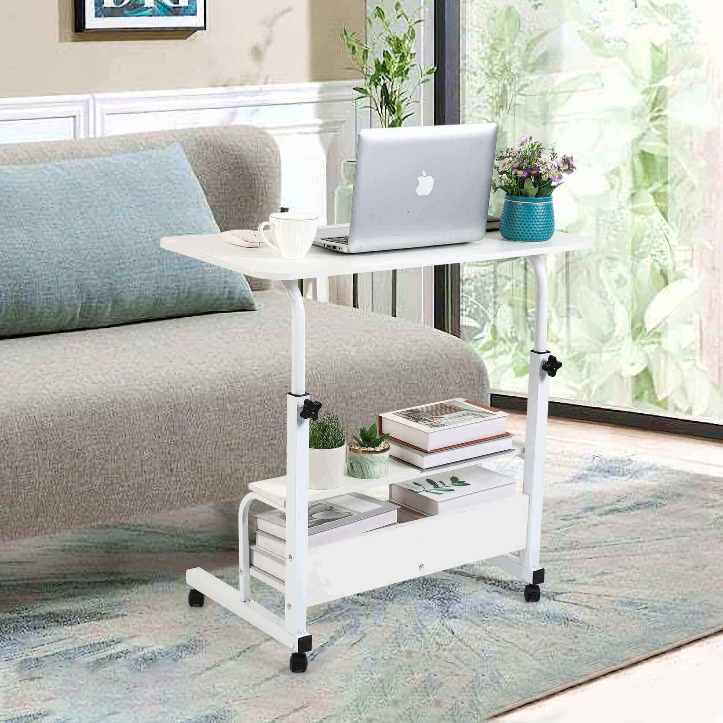 Fuwobriva Computer Desk Adjustable Home Office Bedside Small Spaces Storage Convenient Universal Movable Table Detachable Wheels Living Room Sofa Furniture Size 15.7 * 31.5 Inch,White
