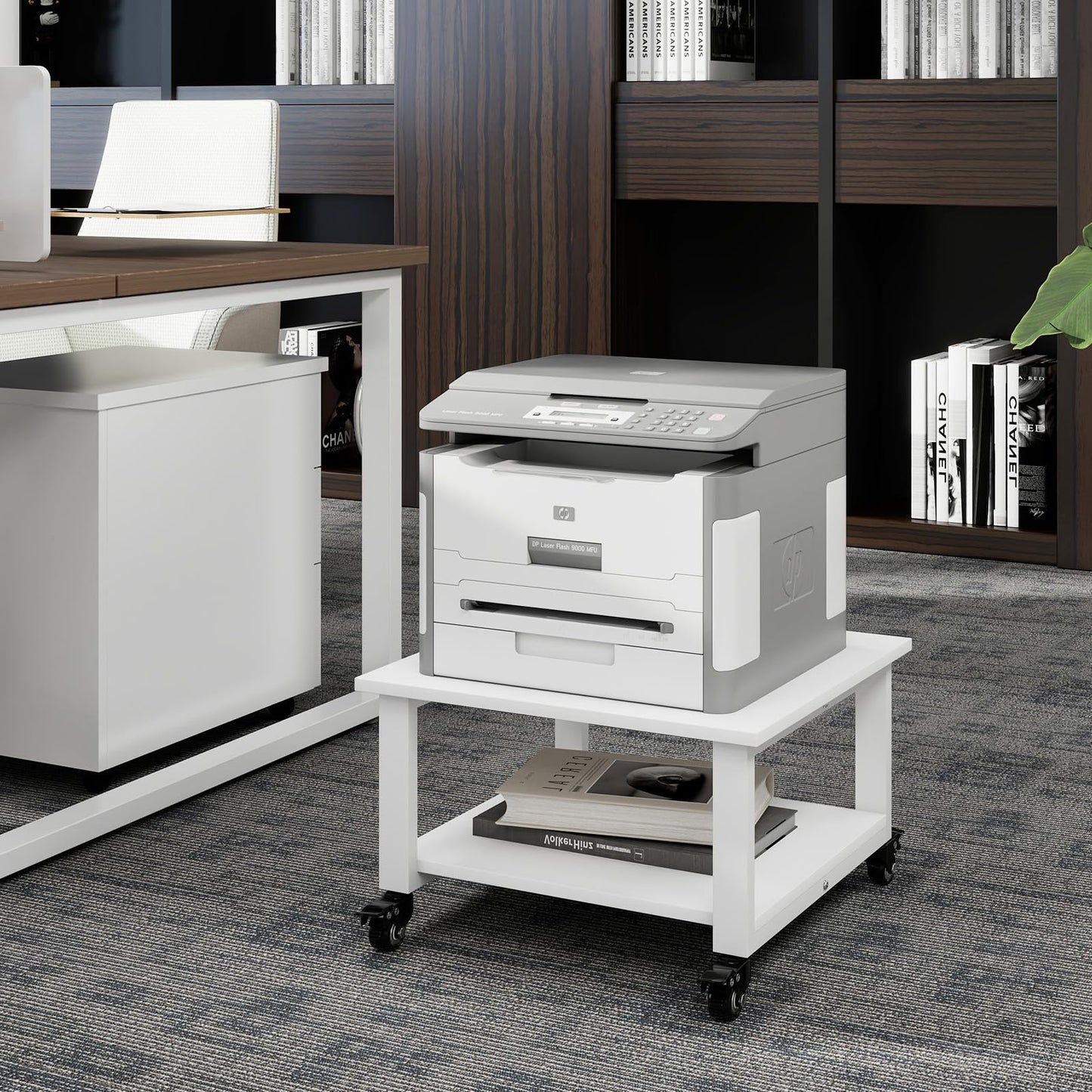 Natwind 2 Tier Laser Printer Stand,19.7''x19.7''x12.6'' Large Printer Table Copier Stand Under Desk,Heavy Duty Rolling Cart with Paper Storage Shelf,Printer Holder on Wheels for Home Office (White)