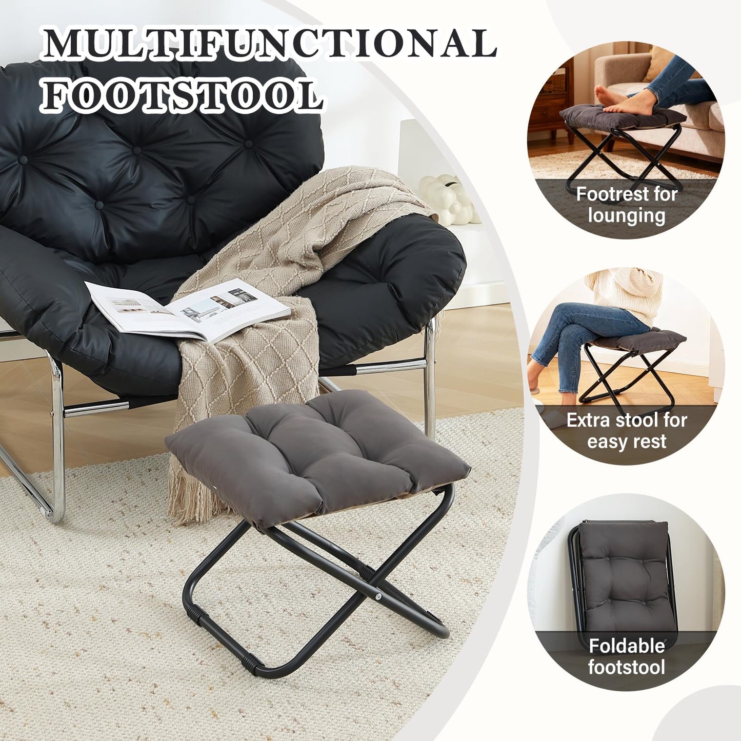 Welnow Folding Foot Stool, Upholstered Small Accent Ottoman with Detachable Thick Cotton Cushion, Padded Sofa Stool with Straight Metal Legs for Lazy Chair, Living Room, Bedroom, Dark Grey