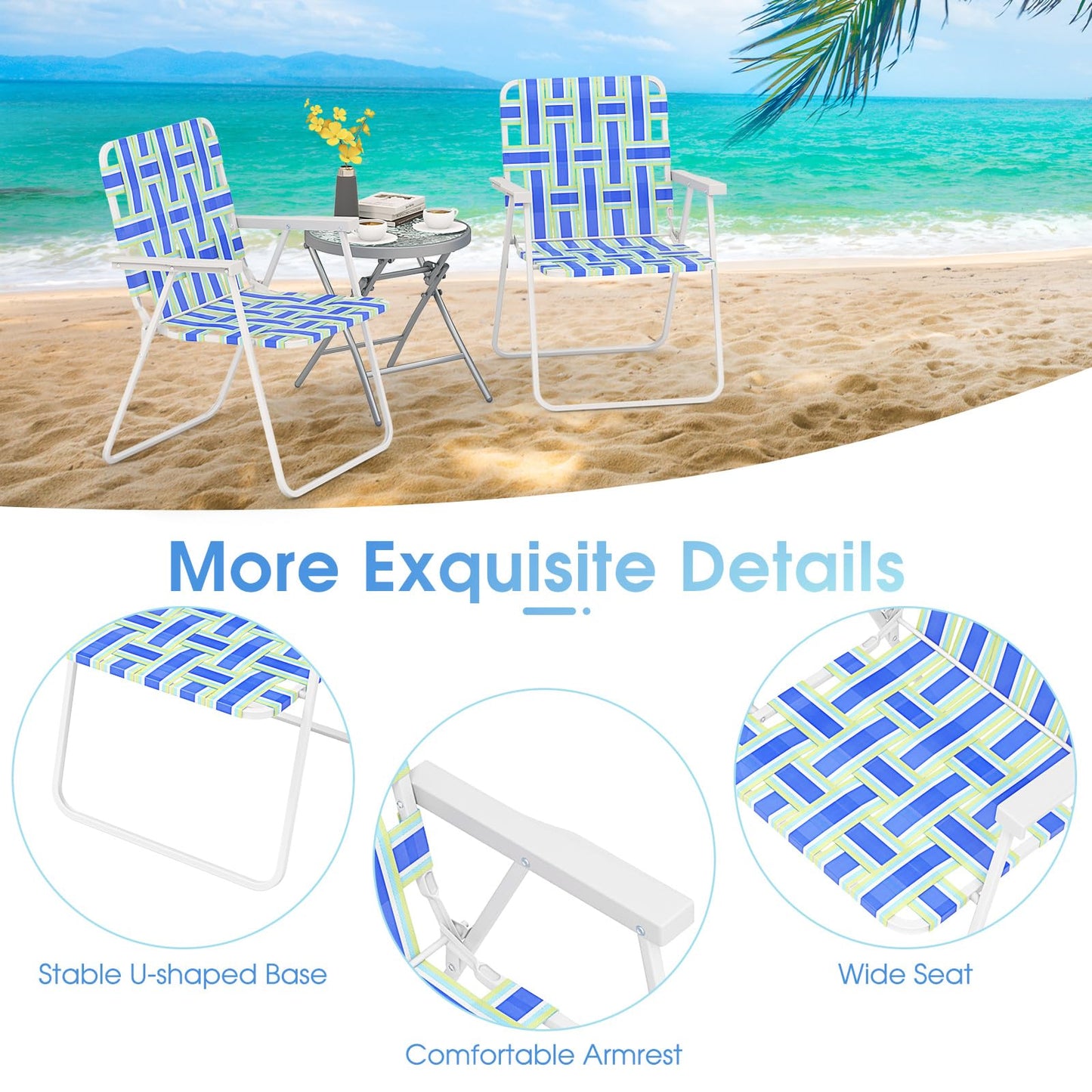 Giantex Beach Chairs Set of 6, Patio Folding Lawn Chairs for Adults, Outdoor Webbing Chair w/Steel Frame, Lightweight & Portable Camping Chairs for Fishing, Yard, Garden, Poolside Webbed Chairs, Blue