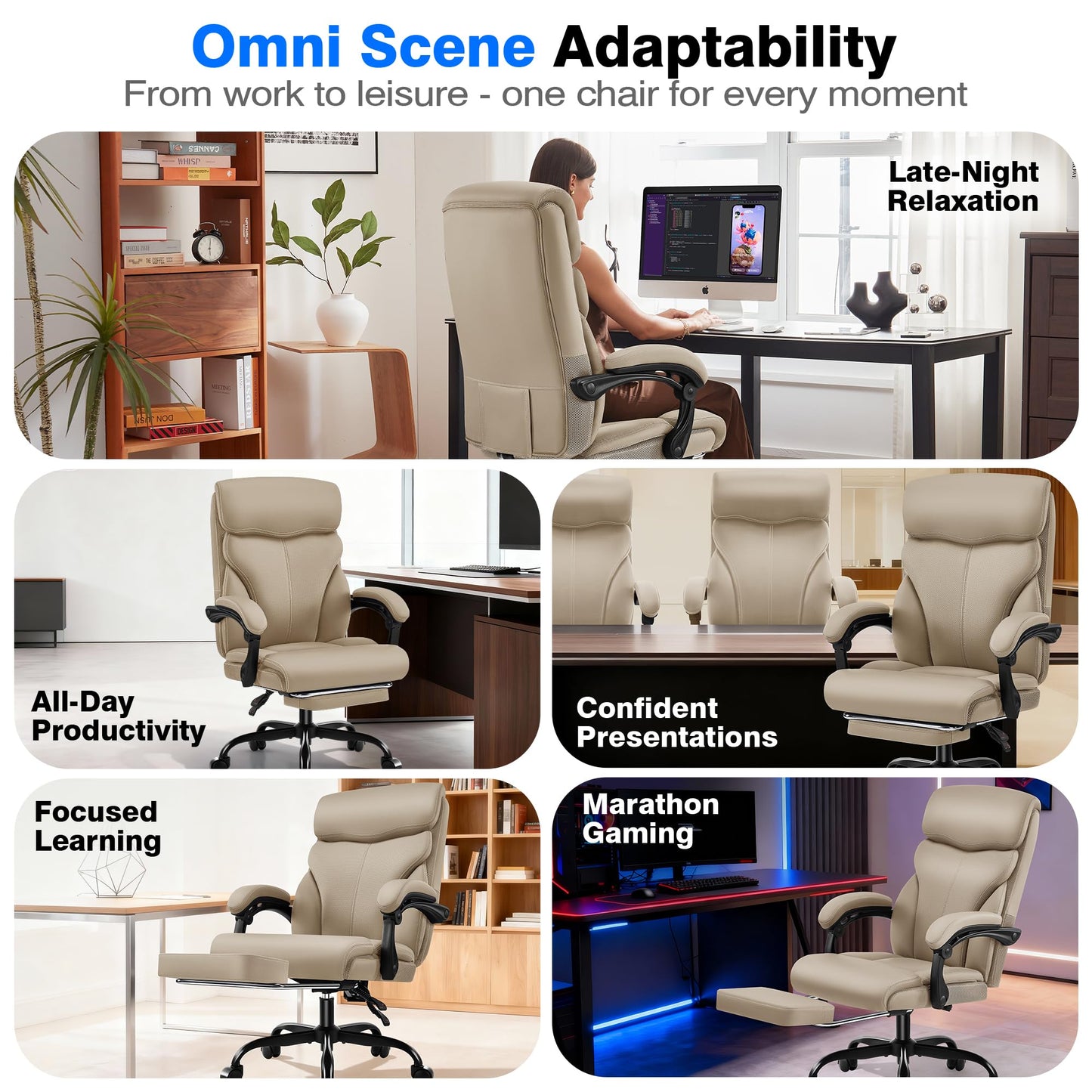 AreShark Office Chair - Ergonomic Comfortable High Back Computer Desk Chair with Foot Rest - Executive Breathable Swivel Rolling Reclining Leather Chair with Lumbar Support for Home Gaming Relaxing