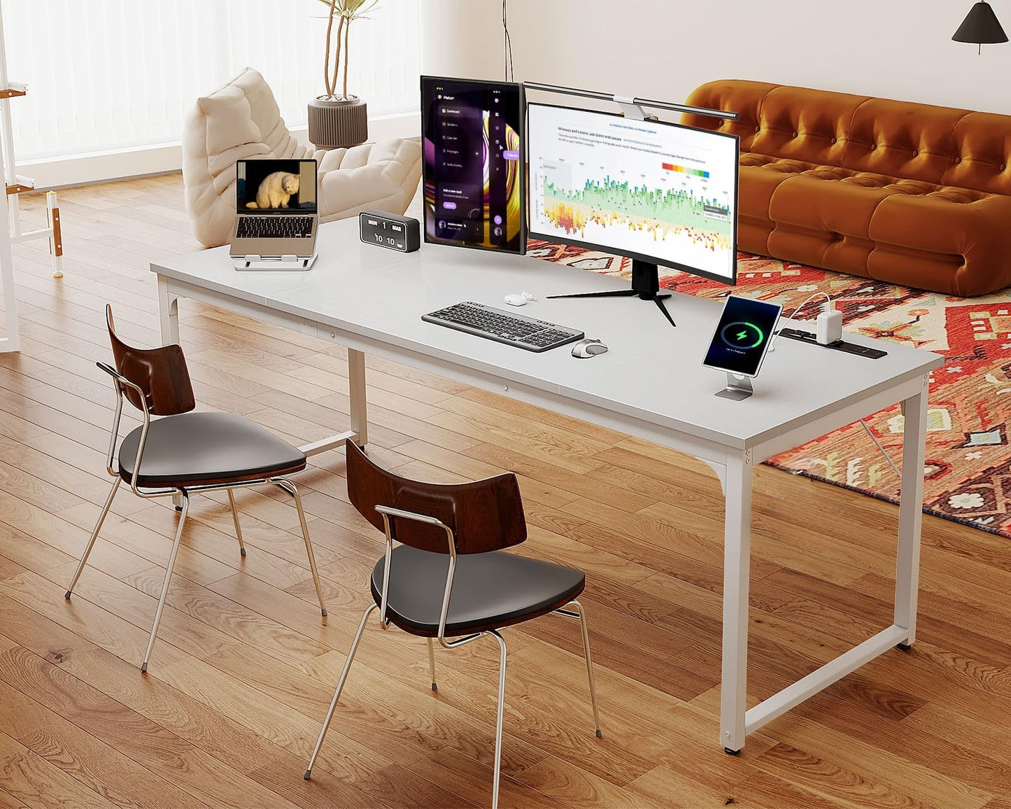 Coleshome 71 Inch Computer Desk with USB Ports, Large Office Desk, Long Study Student Writing Desk, White