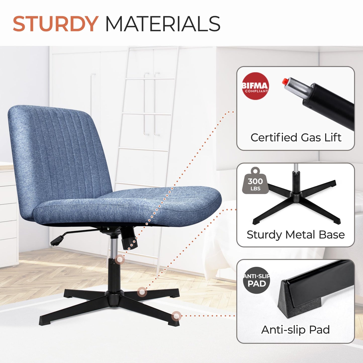 Orange Factory Criss Cross Chair No Wheel Wide Cross Legged Office Desk Vanity Chair Comfy Fabric Armless Adjustable Swivel for Home Computer Task (Blue No Wheel, Classic Fabric)