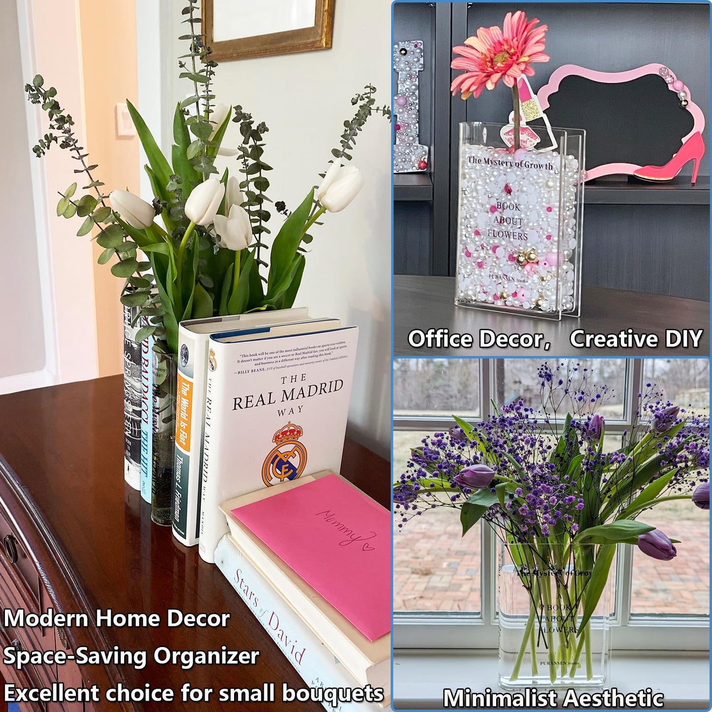 Puransen Clear Book Flower Vase - Floral Bookshelf Decor, Acrylic Flower Holder & Space-Saving Organizer, Modern Home Office/Study Desk Minimalist Aesthetic (Not Including Flowers)