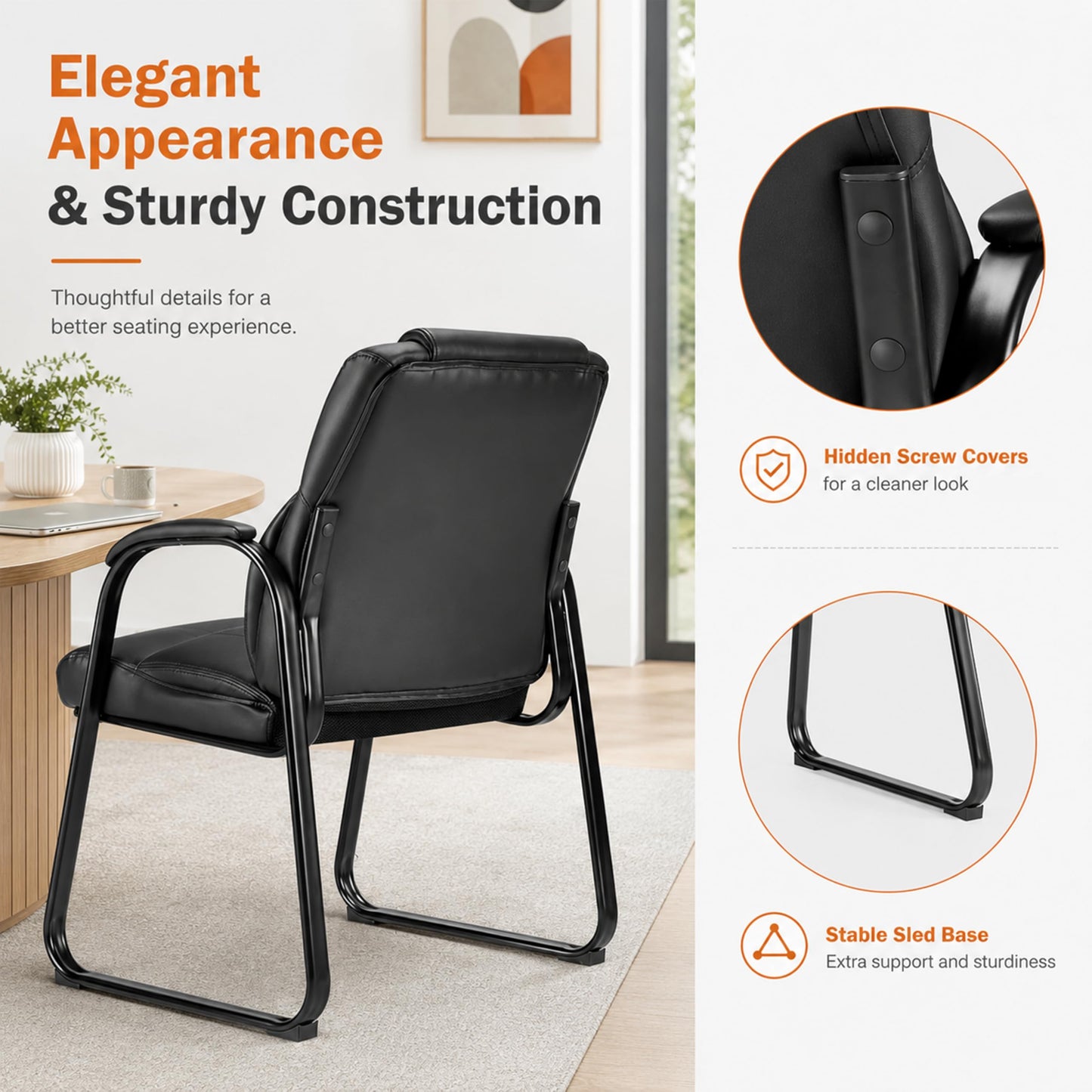 Simple Deluxe Leather Guest Chairs with Padded Arms & Sled Base - Set of 2 Stationary No Wheel Waiting Room Chair for Conference Reception Rooms, Lobby, Home Office Computer Desk, Bedroom, Black