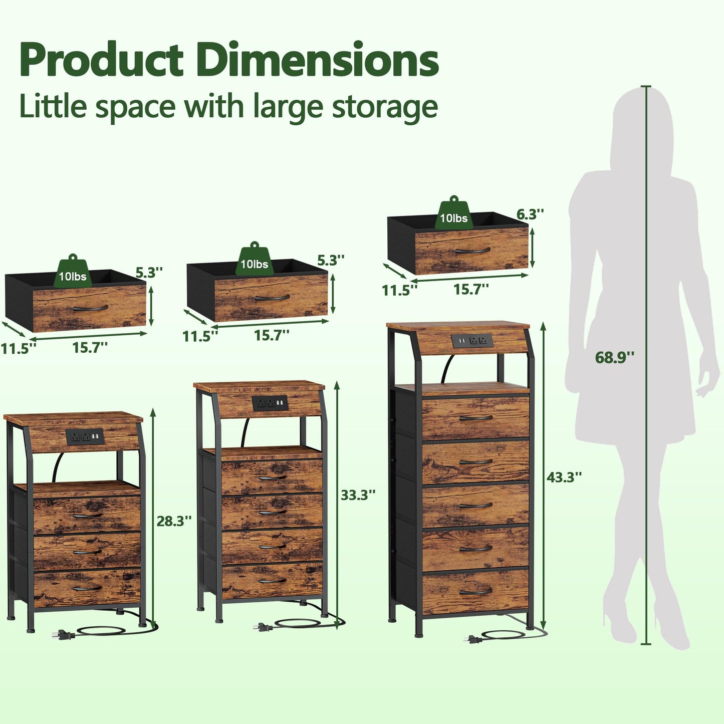Furnulem 5 Drawers Dresser with Charging Station, Tall Night Stand with Storage Shelf, Fabric Chest of Drawers, Bedside Table for Closet, Entryway, Bedroom Furniture, 3 Ways to Use, Rustic Brown