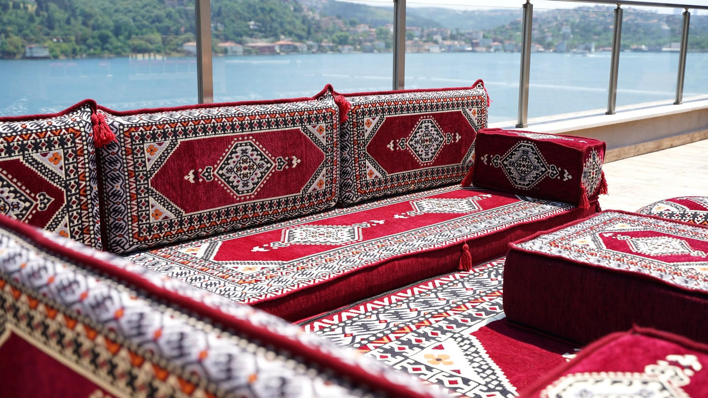 L Shaped Arabic Floor Cushions, Sectional Sofas, Arabic Majlis Set, Custom Made Sofa, Arabic Sofa Set, Seating Cushions (4'' Thickness Sofa, L Sofa Full Set, Burgundy)