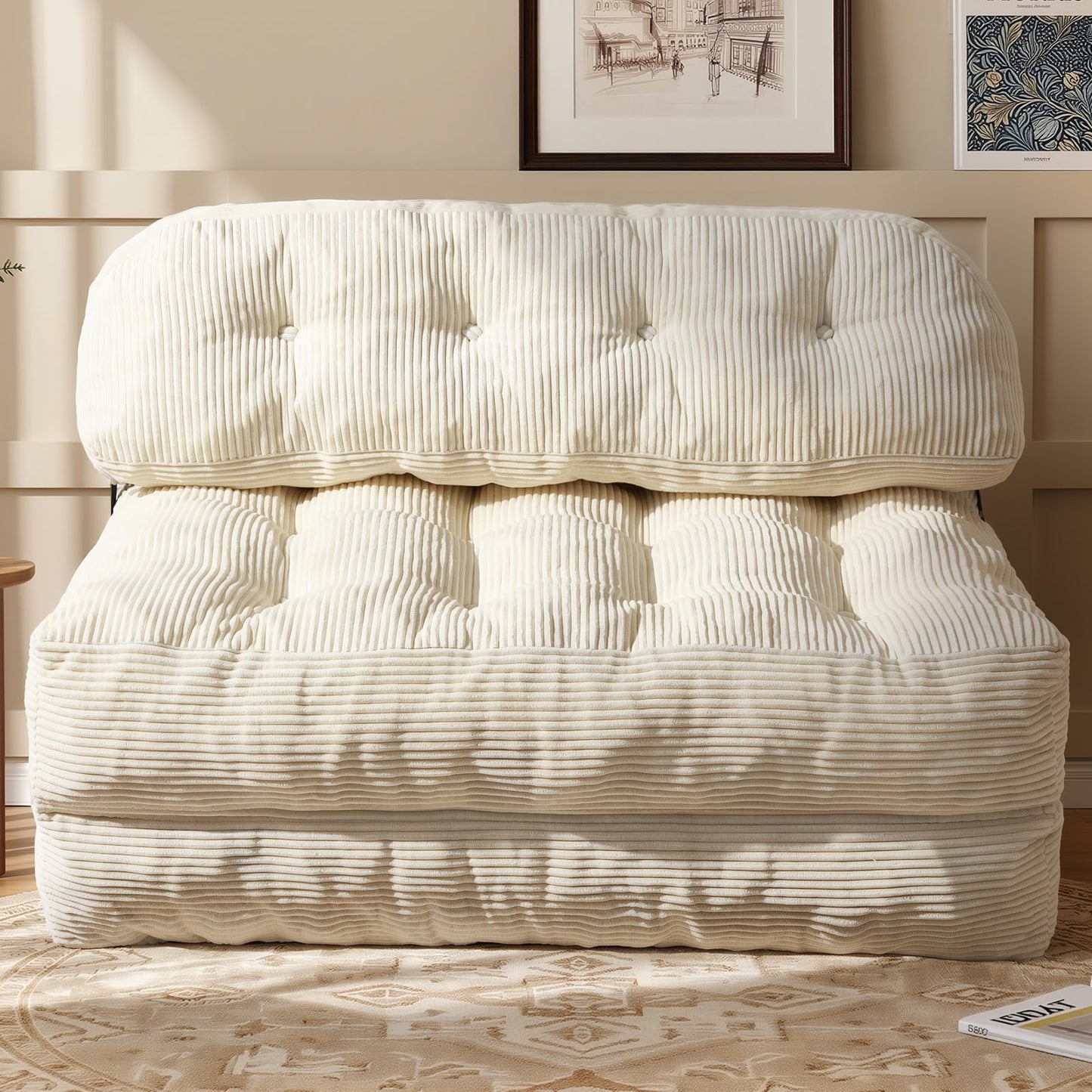 Vellorise Folding Sofa Bed, Convertible Sleeper Chair with Back Support and Pillow Futon, Boneless Matress, for Living Room/Guest Use/Home Office, Foldable Chair Bed for Adults, Beige, Full