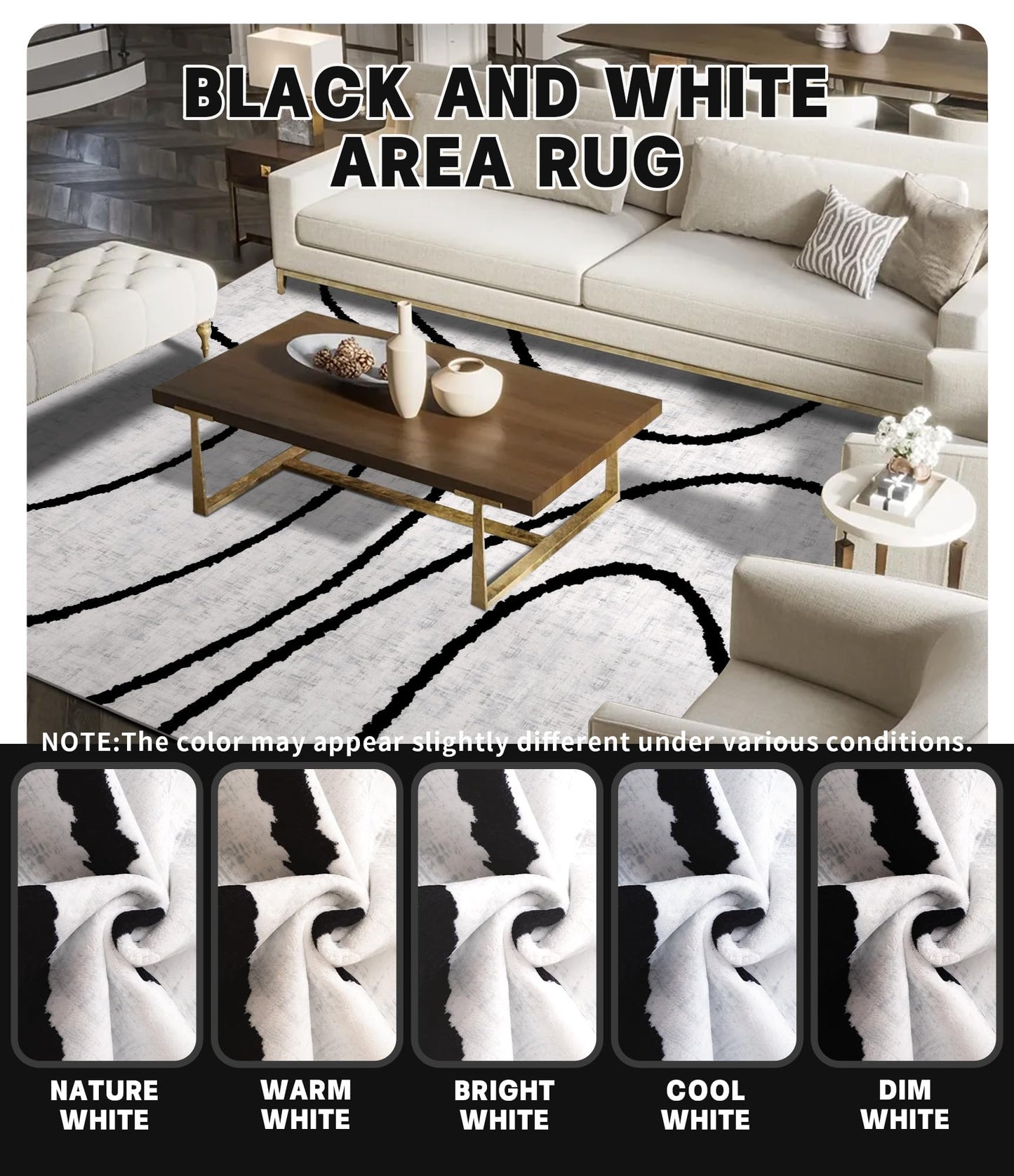YIHOUSE Modern Area Rugs for Living Room, 9x12 Washable Black and White Rug, Thin Abstract Geometric Striped Rug, Area Rug for Bedroom,Kitchen,Dining Room,Office