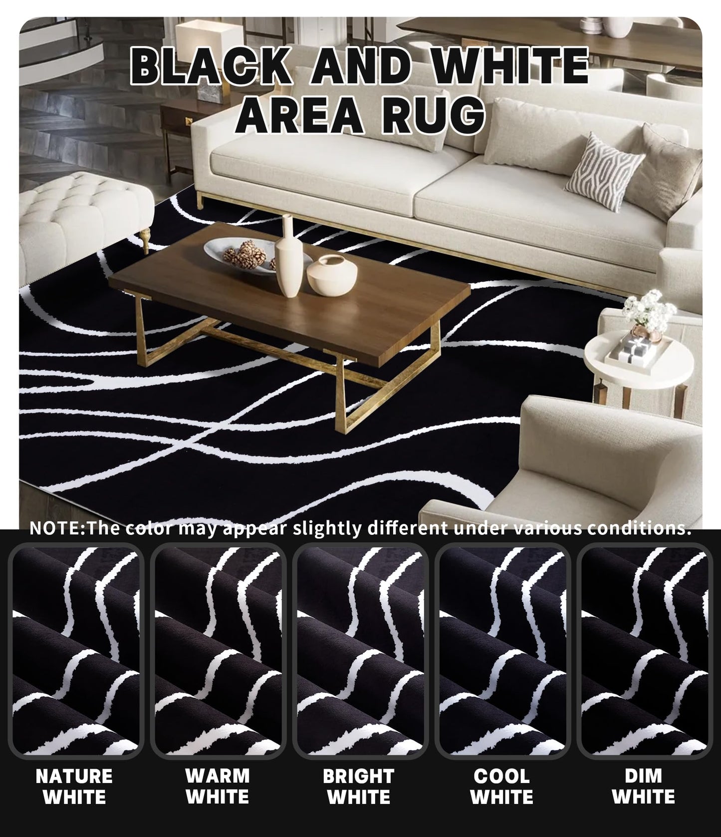 YIHOUSE Black Modern Area Rugs 9x12,Large Black and White Washable Rug for Living Room,Thin Abstract Geometric Rug,Minimalist Striped Rugs for Bedroom,Office