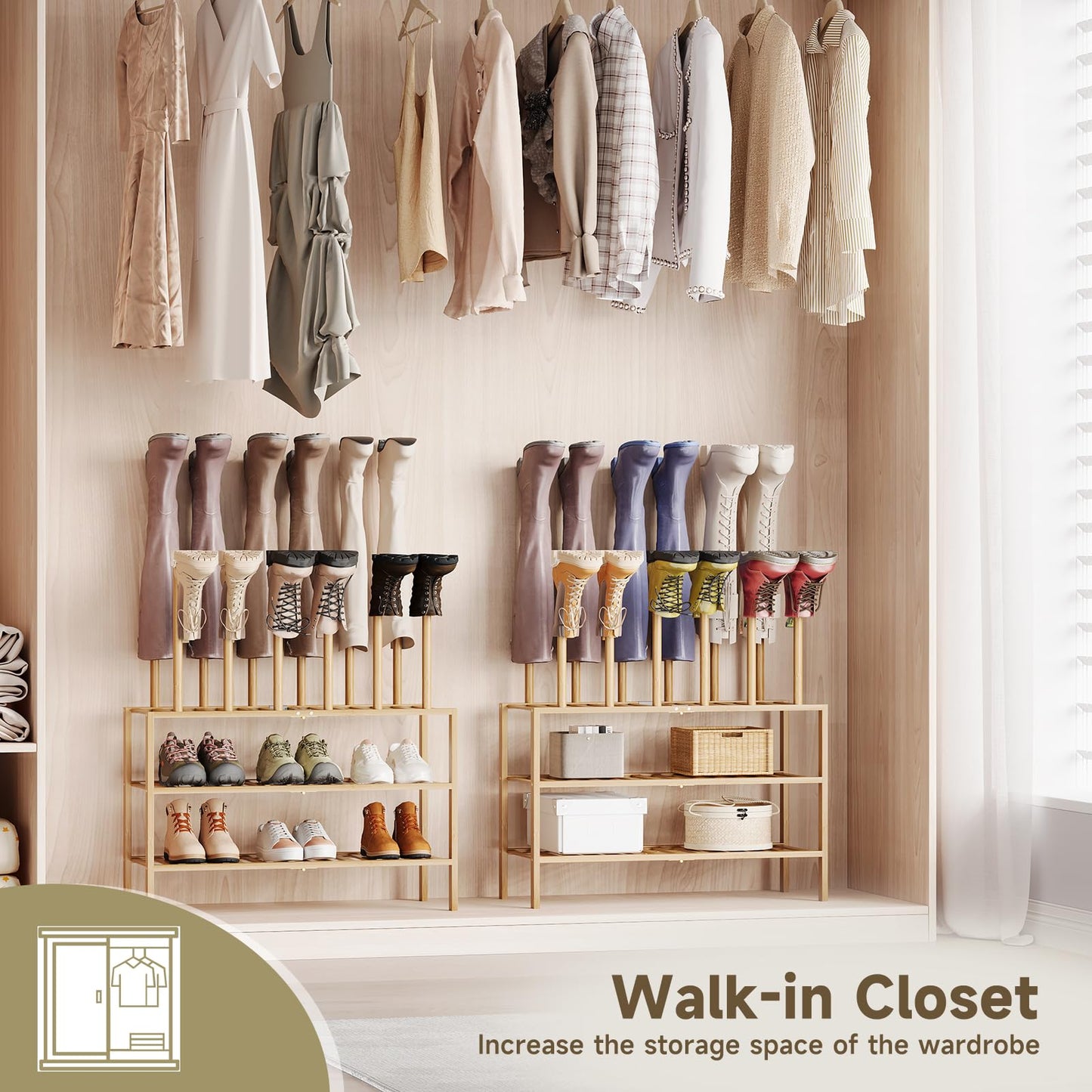 Vellzeyce Boot Rack for Tall Boots Organizer,3-Tier Multiuse Shoe Rack and Boot Storage Rack,for Tall Boots,Sneakers,High-Heel (Natrual, 3-Tier)