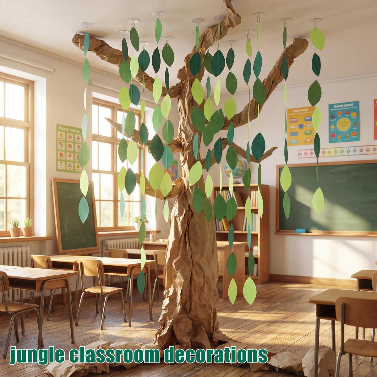 Suncalla Classroom Tree Bulletin Board Set DIY 3D Classroom Ceiling Wall Decor with Kraft Paper & Mounted Traceless Hooks for Jungle Safari Hawaiian Luau Party Supplies(Palm Leaves)