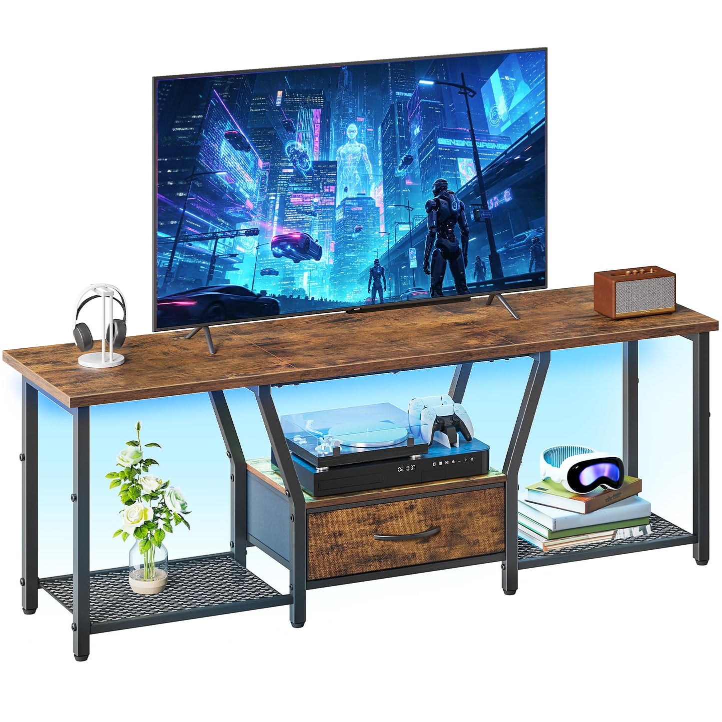 RALGEND TV Stand with LED Lights, for TVs up to 55 Inches, 47" Entertainment Center with Fabric Drawer & Soundbar Shelf, Media Console Table for Living Room, Bedroom, Rustic Brown and Black 1201DSDBB