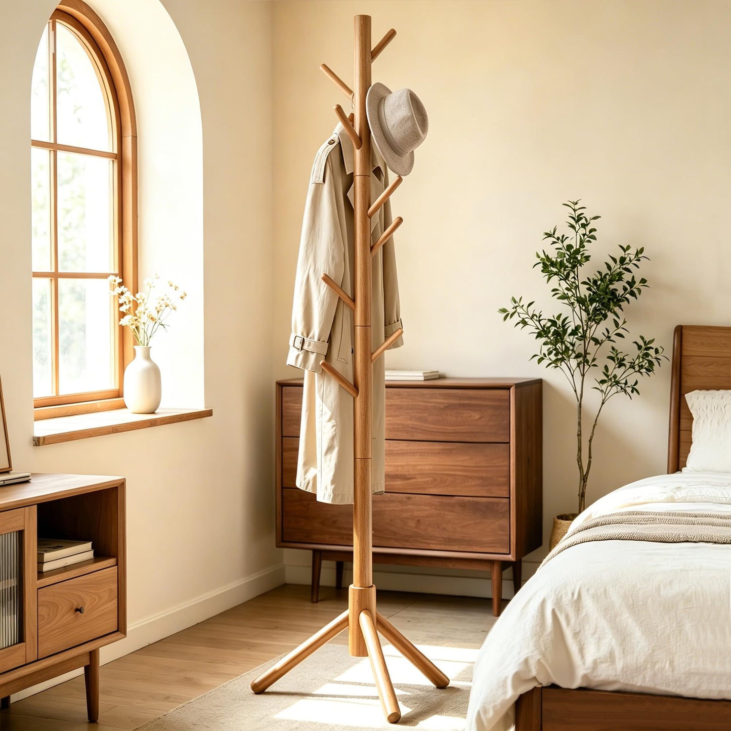Freyawin Wooden Coat Rack Freestanding with 8 Hooks & 3 Adjustable Sizes for Clothes, Space-Saving Design for Bedroom Office Entrance Holds Hats Coats Scarves Bags