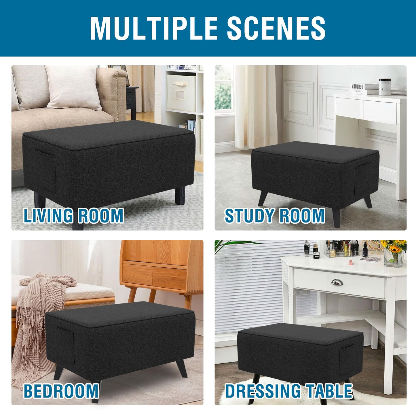 H.VERSAILTEX Ottoman Cover Rectangle Fit Length 43"-44" Footrest Linen Look Ottoman Slipcovers Thick Ottoman Covers Slipcover Rectangle Slipcovers for Ottomans Sturdy Foot Stool Cover - Heather Black