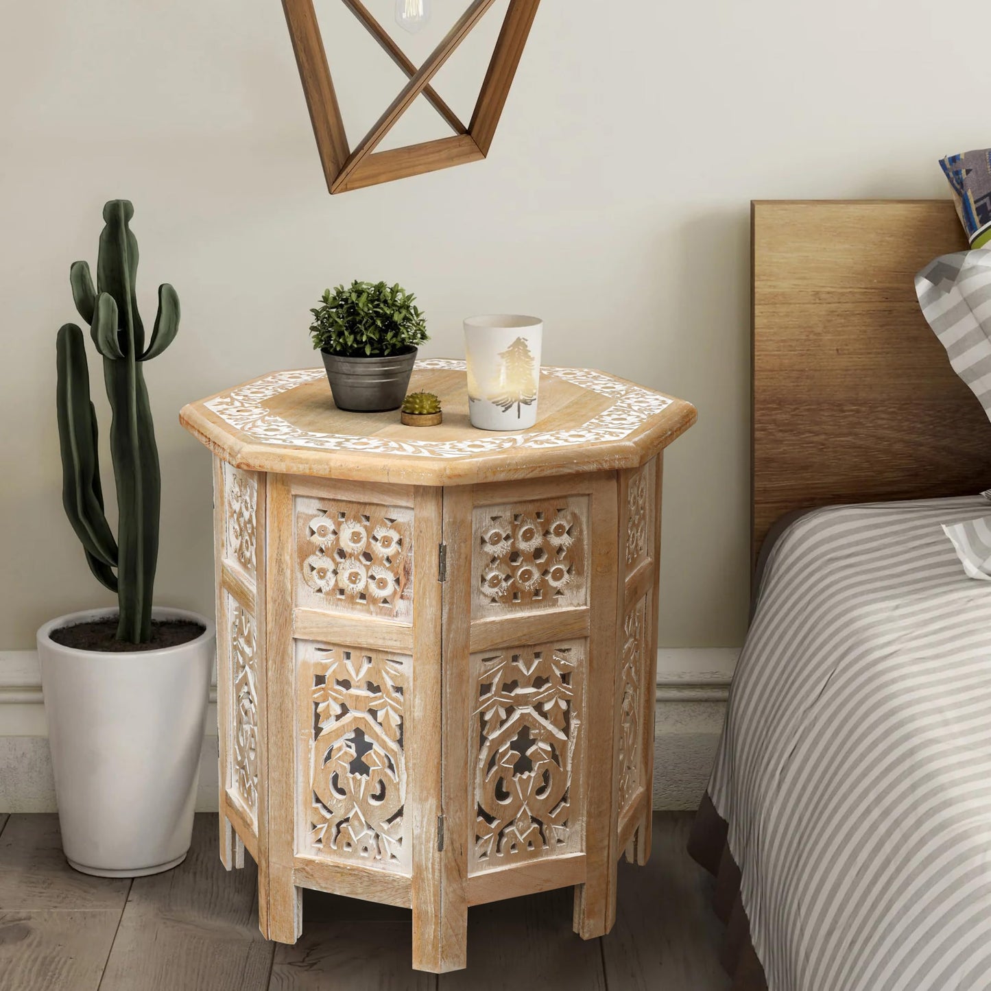 The Wooden Town Side Tables– Hand Carved Vintage Boho Folding End Tables for Living Room, Entryway, Living Room, Bedroom – No Tools Assembly, 18"x18" Octagon, White wash Finish