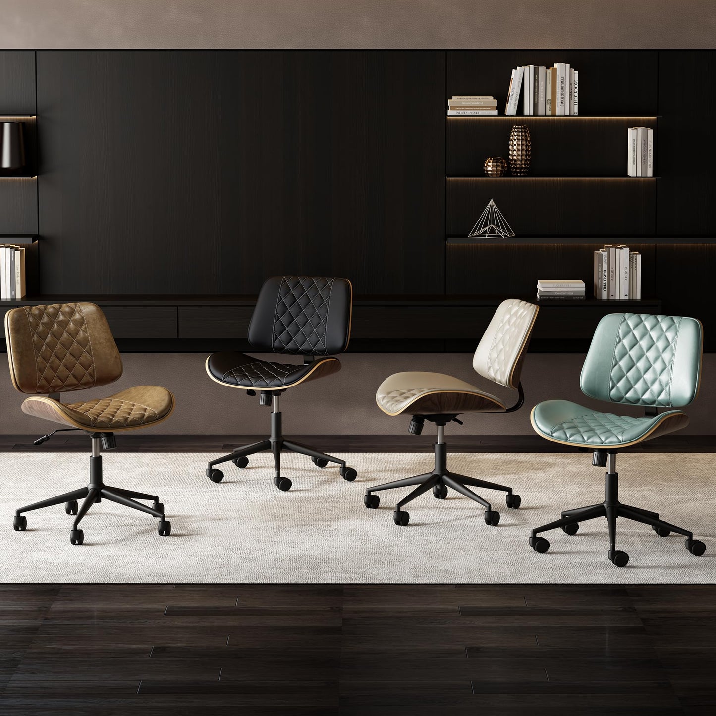 zavxzren Home Office Chair No Arms with Wheels, Armless Adjustable Height Small Desk Chair, Armless PU Leather Computer Chair Mid Back 360 Swivel, Modern Walnut, Reading Meeting Room (Black)