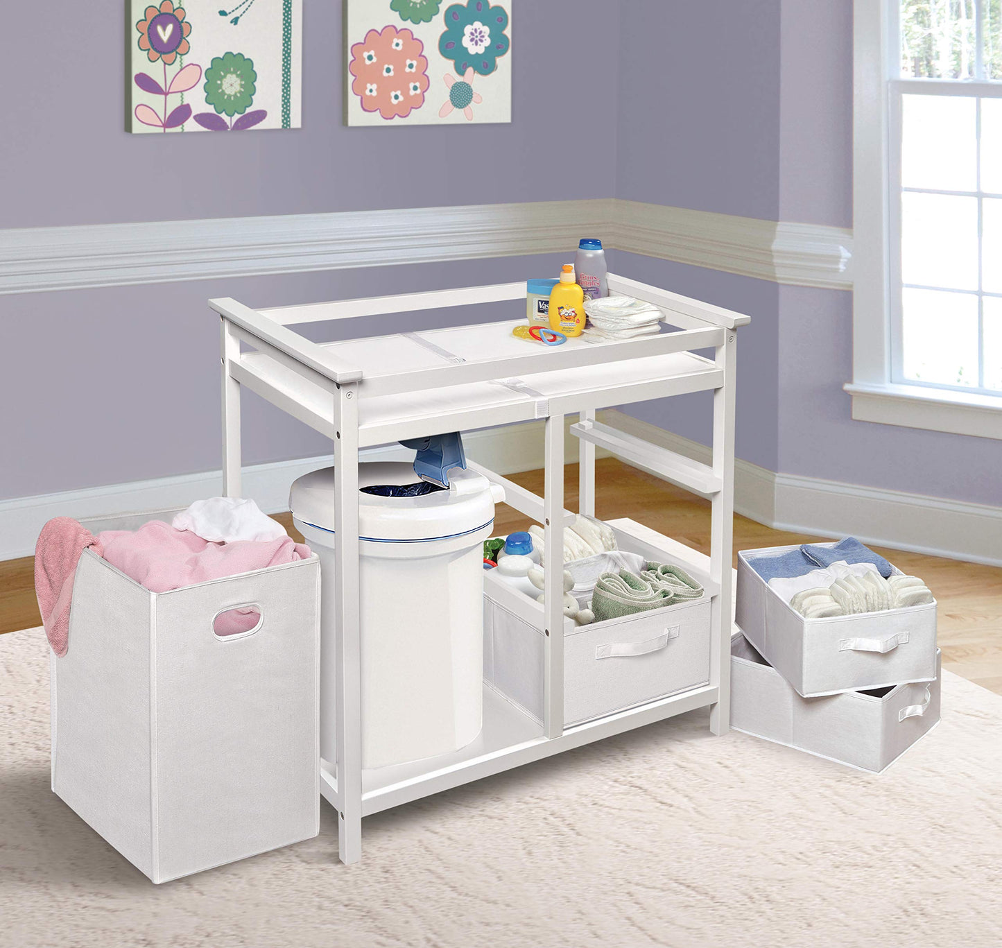 Badger Basket Modern Baby Changing Table - Nursery Furniture with Laundry Hamper and 3 Storage Drawers - Diaper Changing Station with Safety Belt, Changing Pad, and Organizer Baskets - White