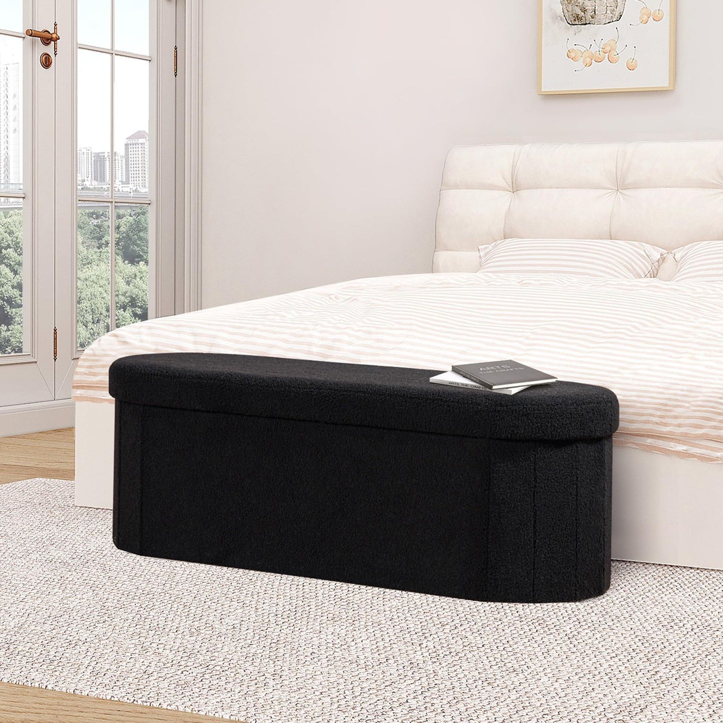 B FSOBEIIALEO Ottoman with Storage for Living Room, Sherpa Folding Storage Ottoman Foot Rest, 43.3 Inches Collapsible Bedroom Bench Black
