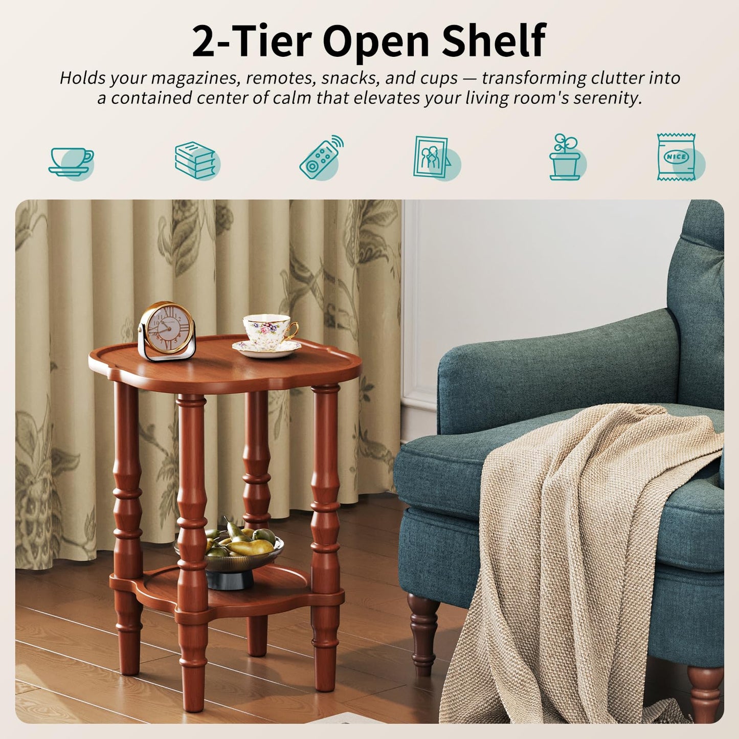 PlushVibes Solid Wood End Table Living Room - 21.7" H Small Narrow Square End Table Wooden, Dark Real Wood Vintage Antique Brown Side Bedside Table Nightstand for Small Spaces with Open Storage Shelf
