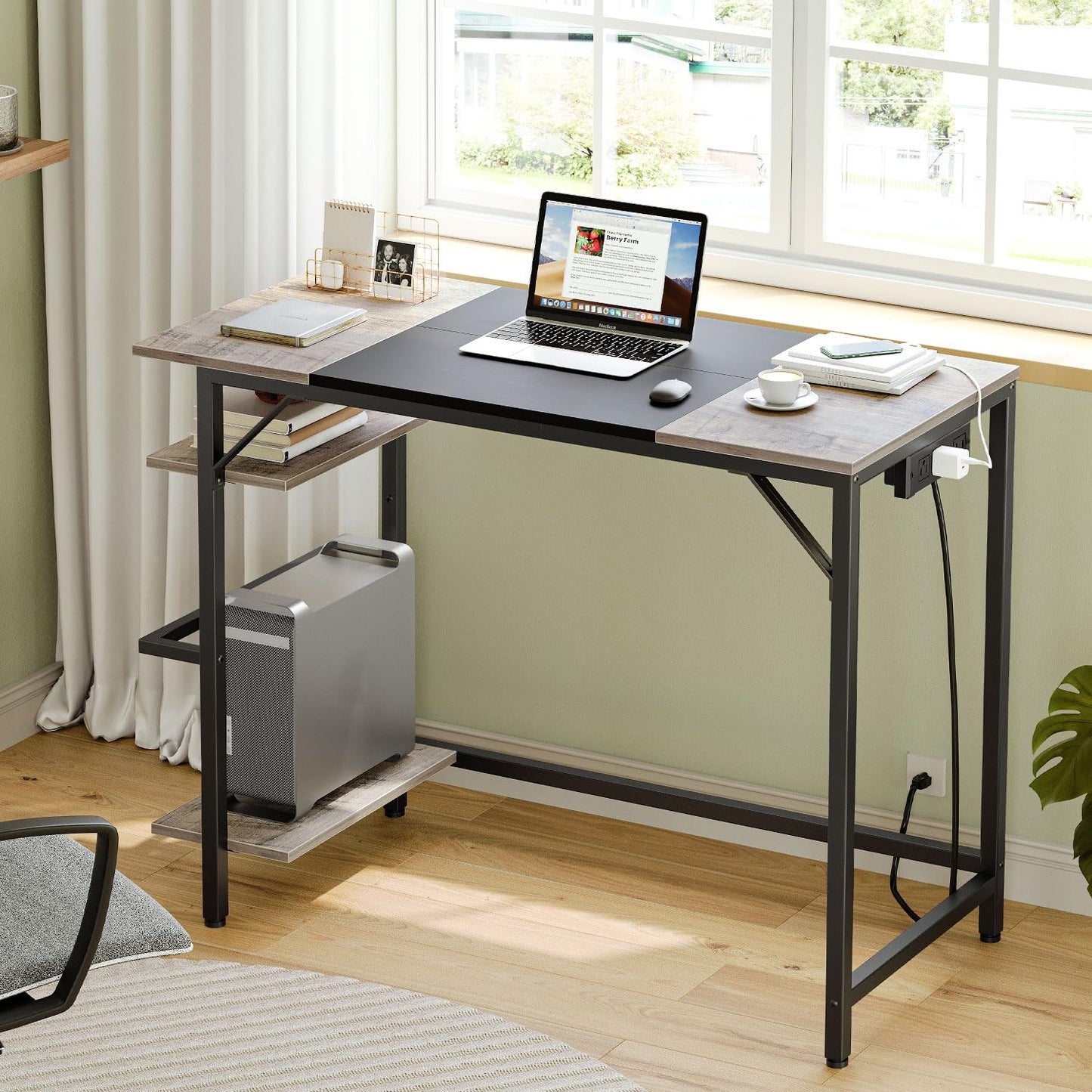 HOOBRO Small Computer Desk, Home Office Desk with Power Outlet, Writing Desk with 2 Shelves, Modern Small Desk for Home Office, Study, Easy to Assemble, Charcoal Gray and Black BG43UDN01