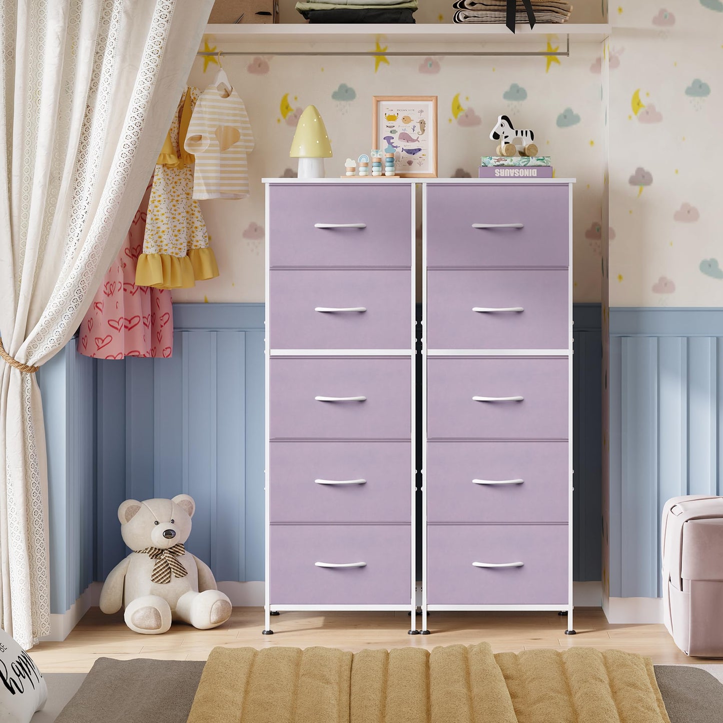 WLIVE Fabric Dresser, 5-Drawer Tall Dressers for Bedroom, Storage Dresser Organizer with Fabric Bins, Wood Top, Sturdy Steel Frame, Chest of Drawers for Closet, Hallway, Purple