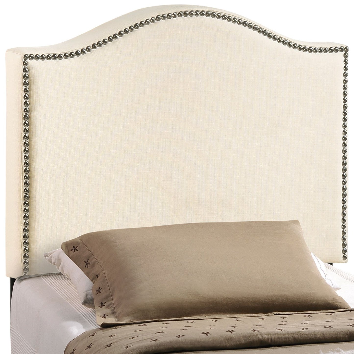 Modway Curl Linen Fabric Upholstered Twin Headboard with Nailhead Trim and Curved Shape in Ivory