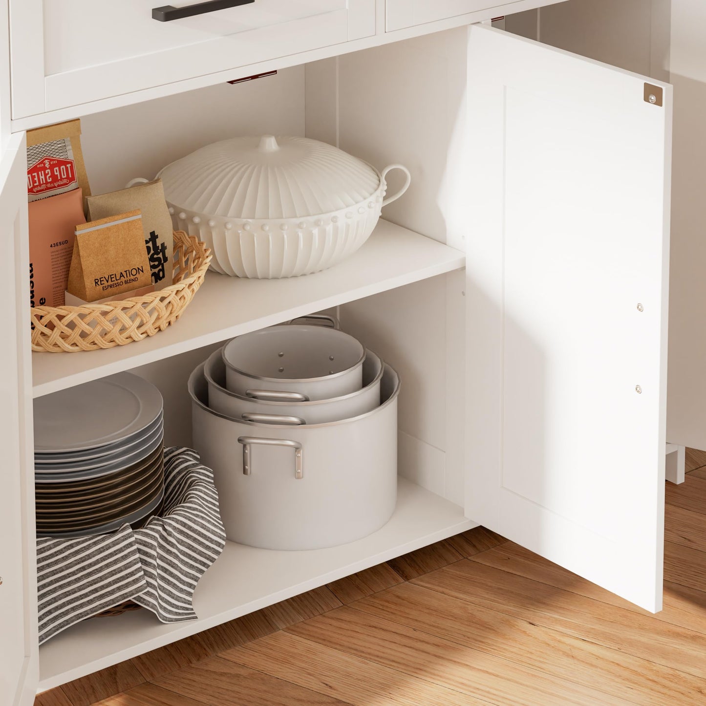 Homhedy Sideboard Buffet Cabinet, Coffee Bar Storage Cabinet with Drawers and Doors, Farmhouse Kitchen Cabinet with Adjustable Shelves, for Kitchen, Dining Room, Living Room, White