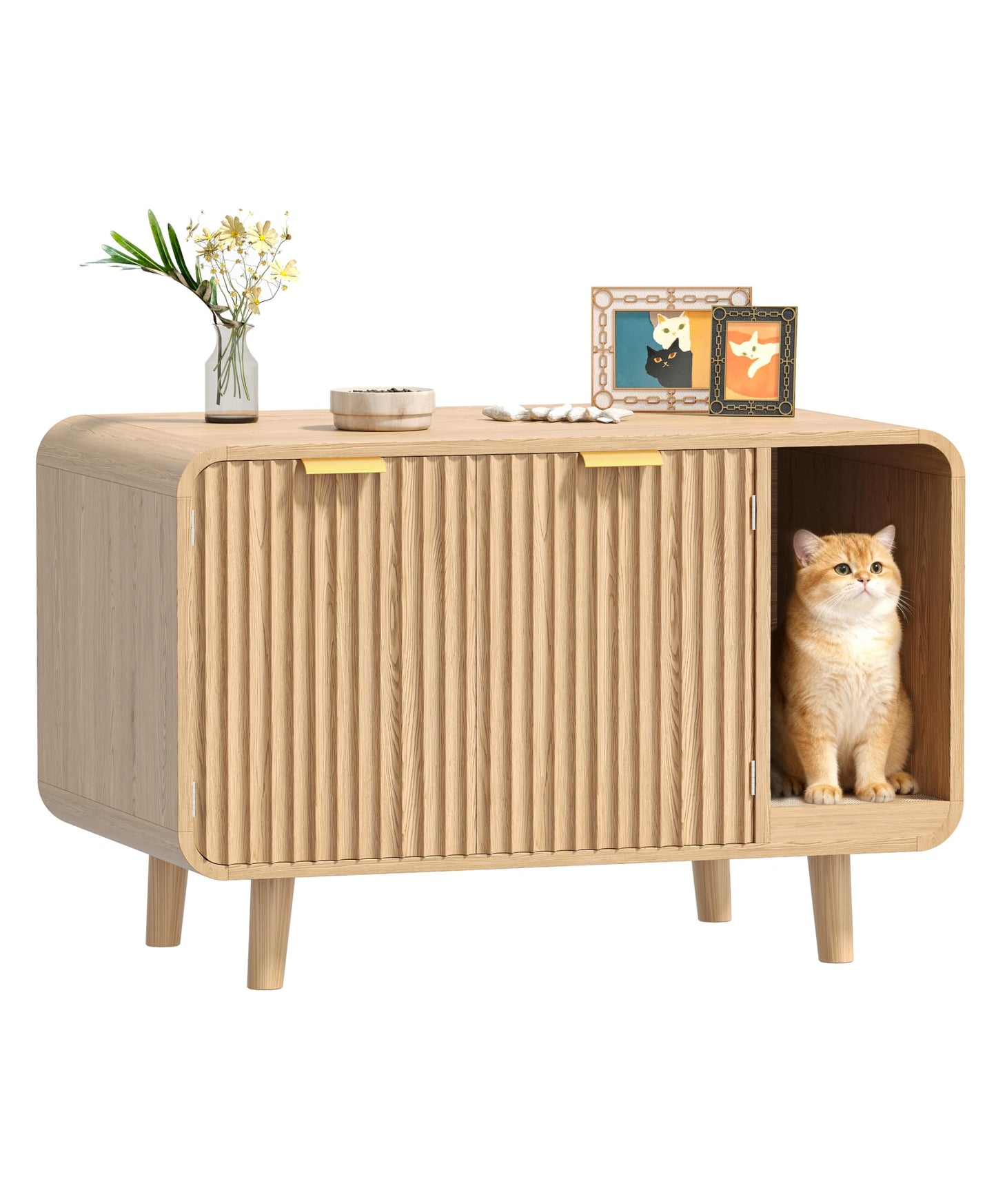 Zeibospri Fluted Cat Litter Box Enclosure with Solid Wood Legs, Hidden Cat Litter Cabinet, Modern Cat House Furniture, Reduce Litter Tracking, 31.5 x 19.7 x 22 Inches, for Living Room, Bedroom, Oak