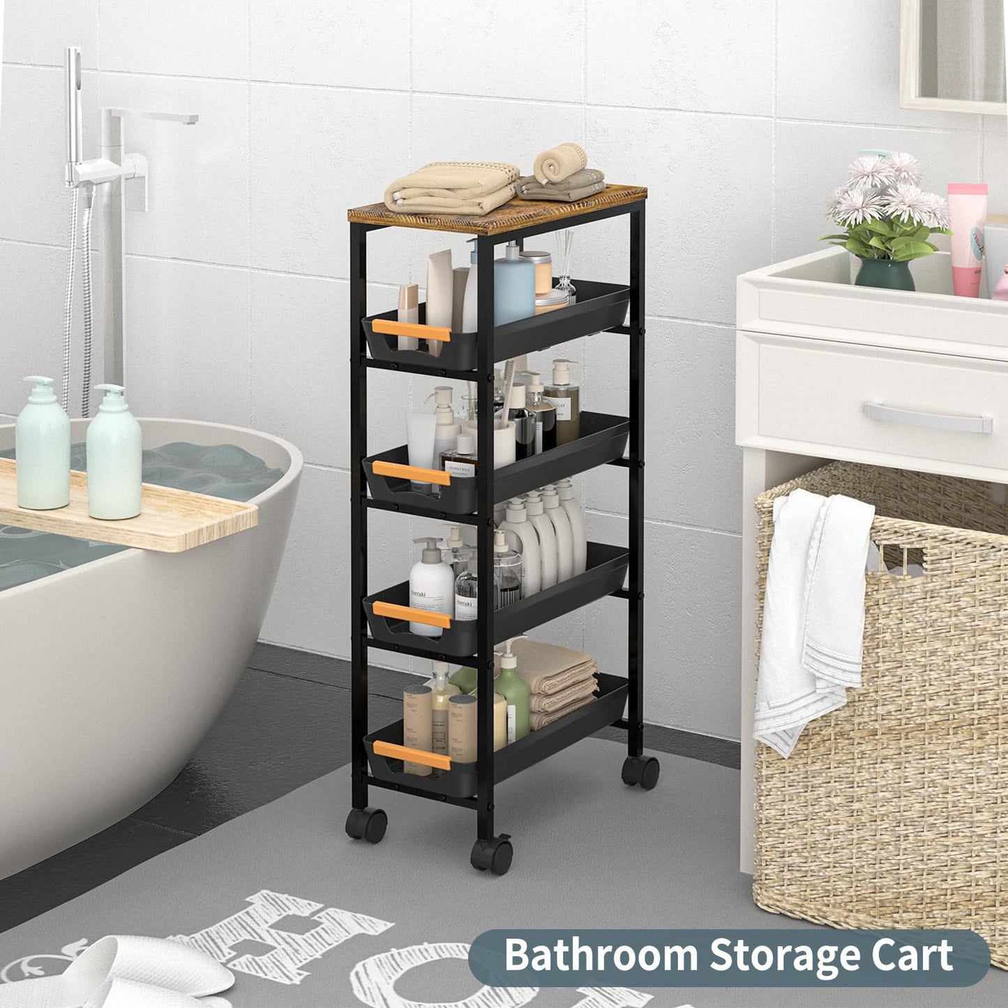 SHAJOPH 5 Tier Slim Rolling Utility Cart with Drawers Pull-Out Design Slim Storage Cart with Metal Frame and Wooden Top for Narrow Space in Home Kitchen Bathroom Black (Width 8.1 Inches)