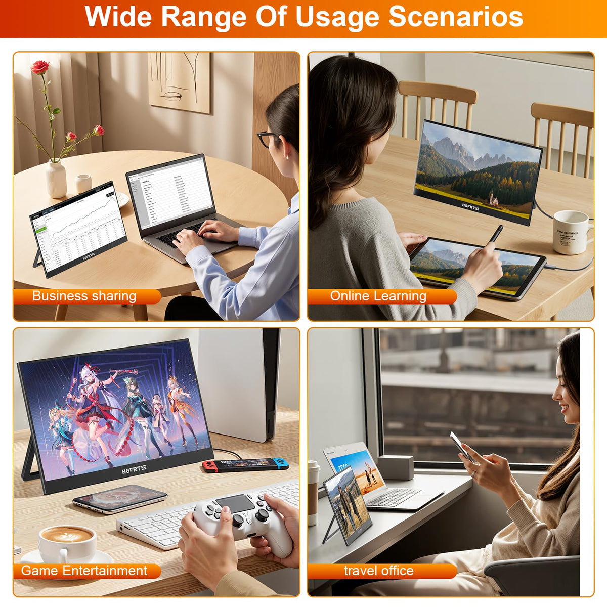 HGFRTEE Portable Monitor Touchscreen 15.6", 1920x1080 60Hz FHD IPS HDR 10-Point Touch Screen Monitor with Built-in Stand & Speaker, HDMI USB C VESA External Travel Monitors for Laptop, PC, Mac, Phone