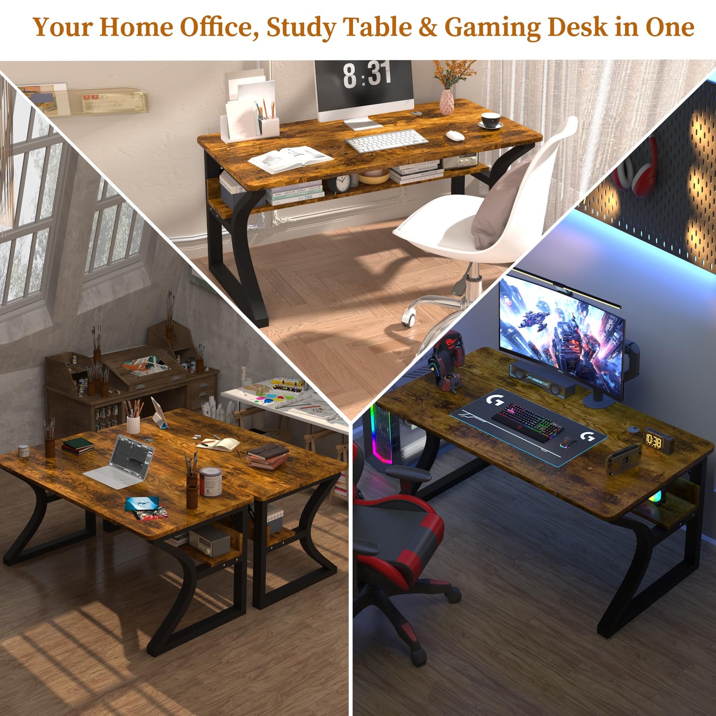 Ksortir 55'' Computer Desk Home Office Desk, Modern Computer Desk w/U Shaped Metal Frame, Storage Shelves, PC Table Study Writing Desk Workstation for Home Office (55inch/Brown)