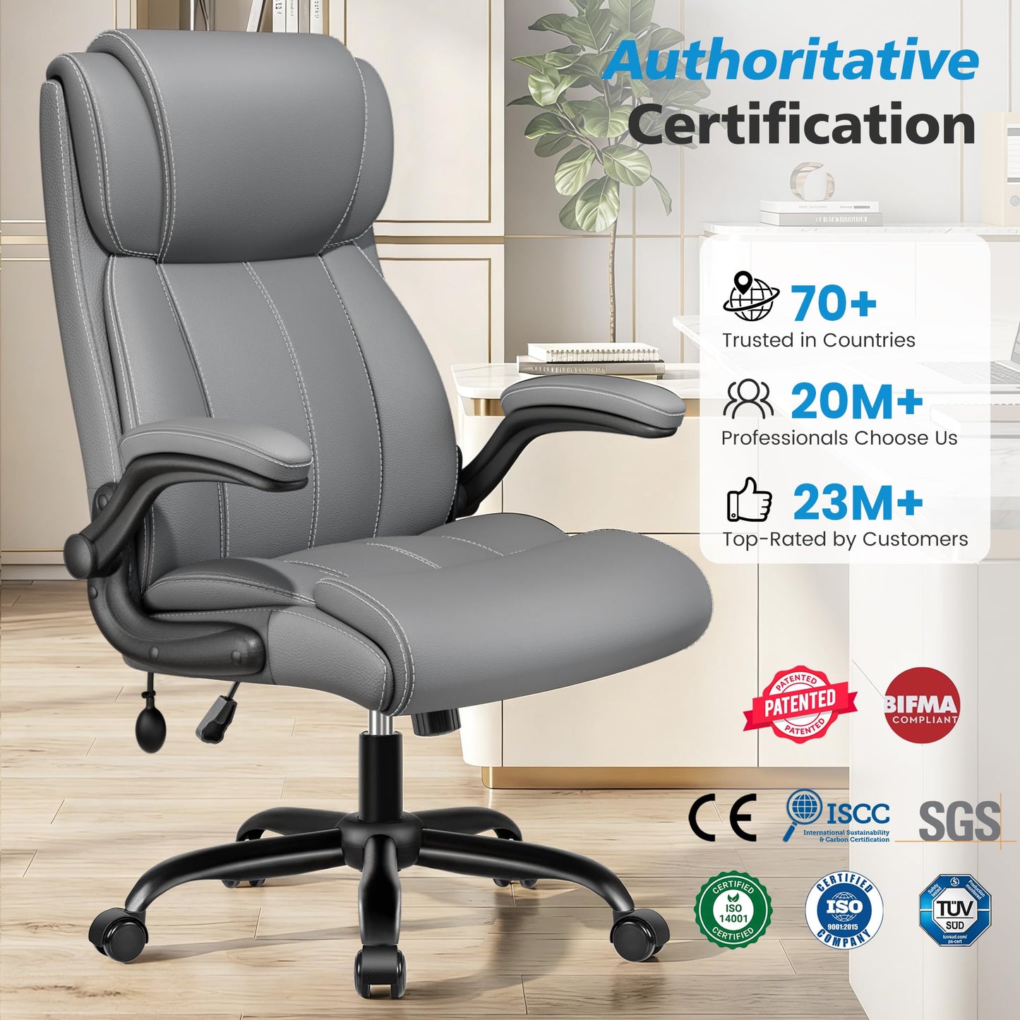 Stella Mia Ergonomic Office Chair – High Back Computer Desk Chair with Inflatable Lumbar Support & Flip-Up Arms, Heavy Duty PU Leather Executive Chair, Wide Seat, Long Hours, Light Gray
