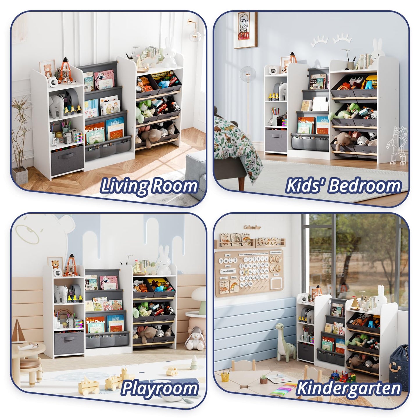 IKALIFE Kids Toy Book Storage Organizer - Large Bookshelf with 7 Removable Bins, Baby Bookshelf and Toy Storage, 4-Tier Book Shelf for Kids Room, Playroom, Classroom, 51 inch, White