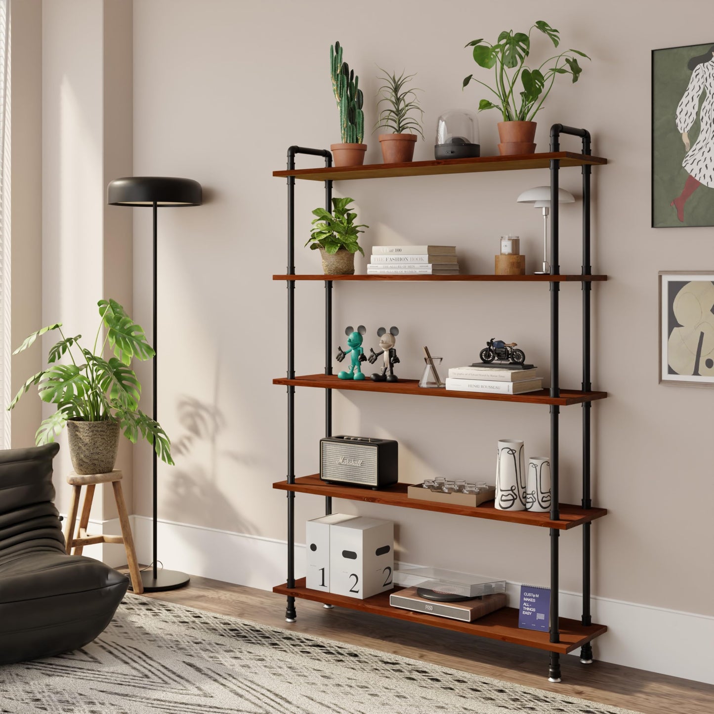 Anynice Industrial Bookshelf, Rustic Open Bookcase, 5 Tier Wood and Metal Bookshelf, Solid Pine Wood and Iron Pipe Tall Narrow Storage Shelf for Living Room Bedroom Office Kitchen