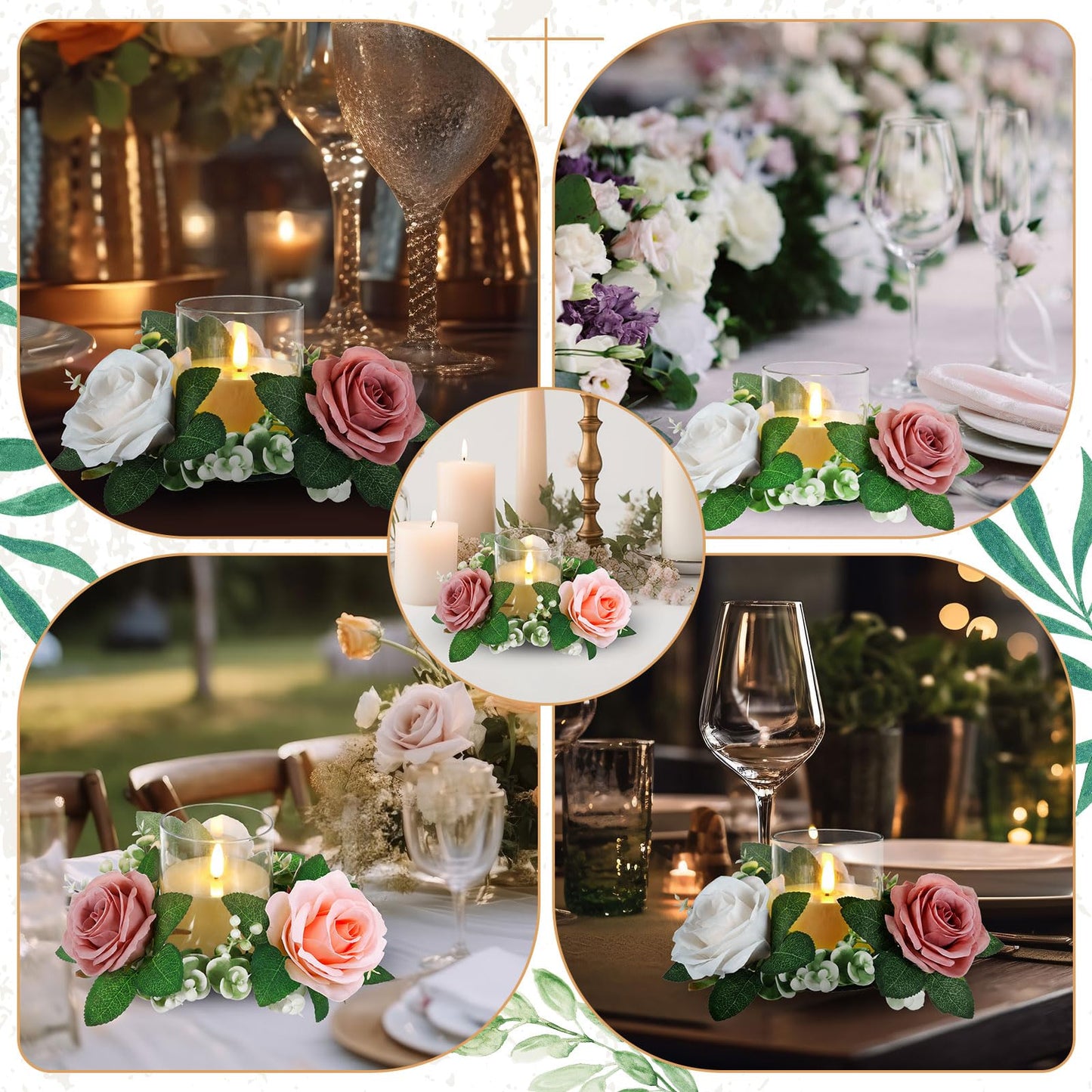 Yunlly 12 Pcs Rose Candle Rings with Flameless Candles Sets, Artificial Flower Eucalyptus Wedding Centerpiece 3 Inch Pillar Candleholders Wreaths for Wedding Party Mother's Day (Pink,White)