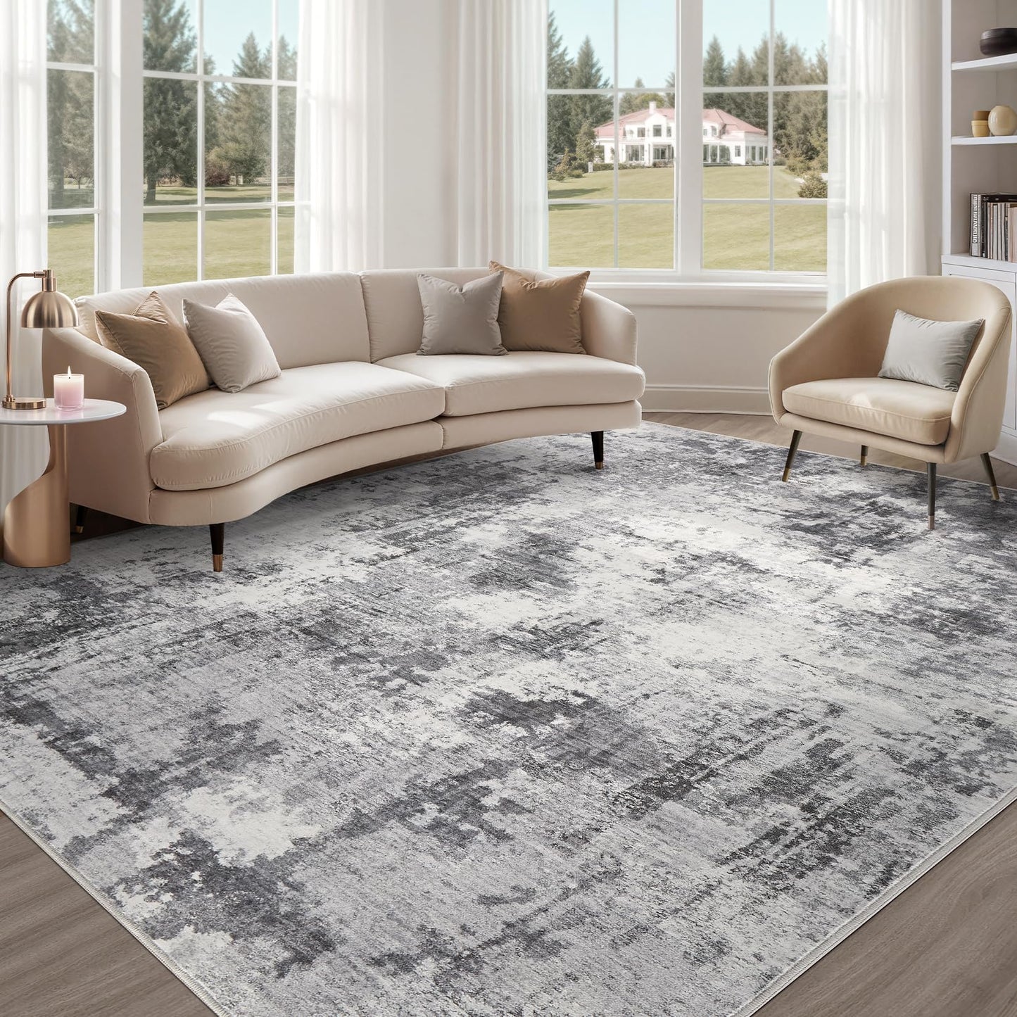 TARANCH Abstract 10x14 Area Rug: Machine Washable Non Slip Ultra Thin Low-Pile Carpet, Soft Stain Resistant for Living Dining Room Bedroom, Kid Pet Friendly, Robot Vacuum Compatible - Grey