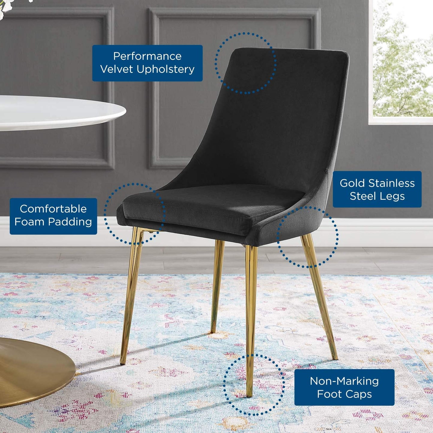 Modway Viscount Performance Velvet Dining Side Chair with Gold Stainless Steel Legs in Black