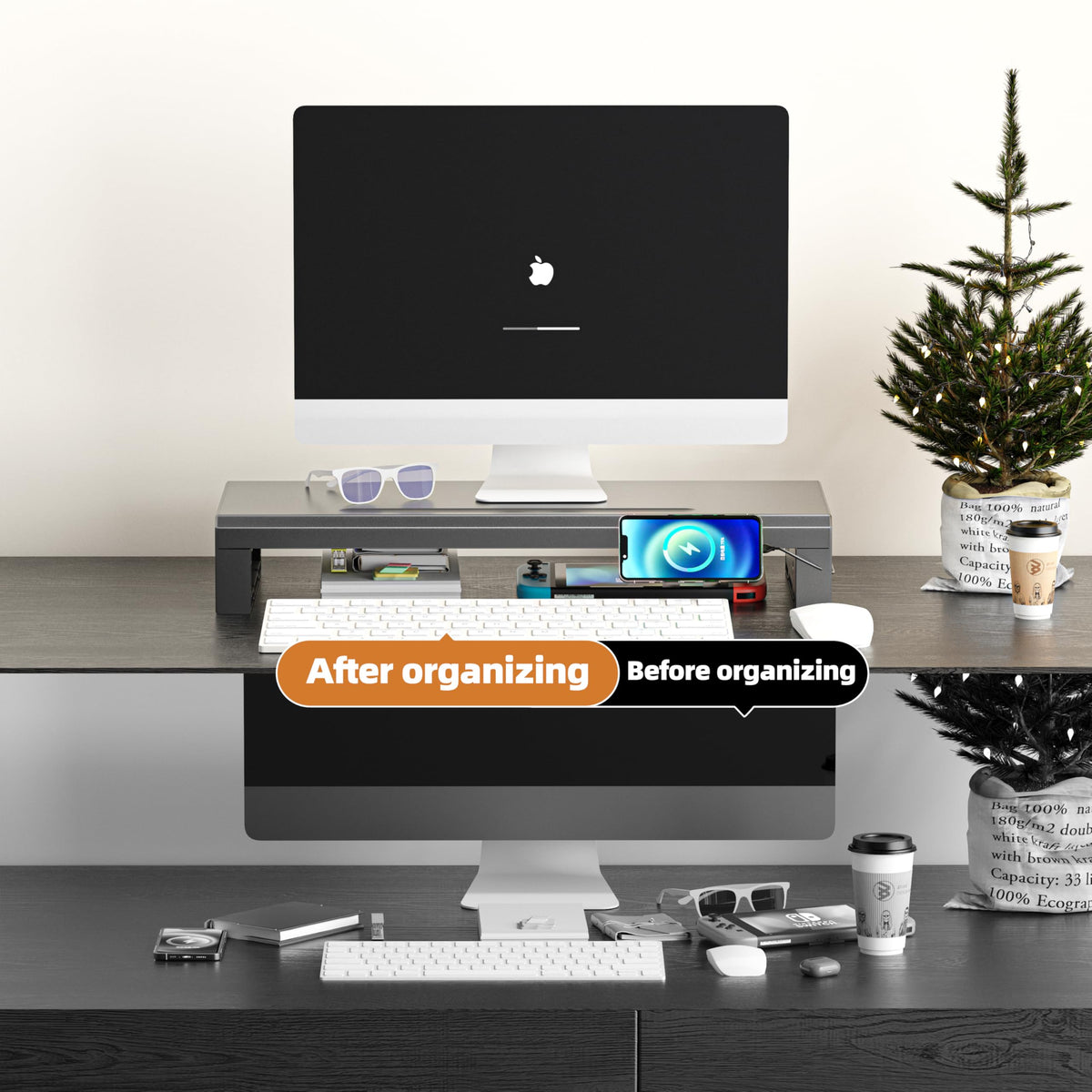 GECKOSTROLL Computer monitor stand Laptop Desk Shelf & Monitor Riser ,21.6 inches,22W charging , 2 USB 3.0 , and 1 USB 2.0, Monitors/PC/Laptop/Computer Space Saver Organizer ,Heavy Duty Gift Gaming Studio Office (USB Hub Fast Charging Version, 550mm)
