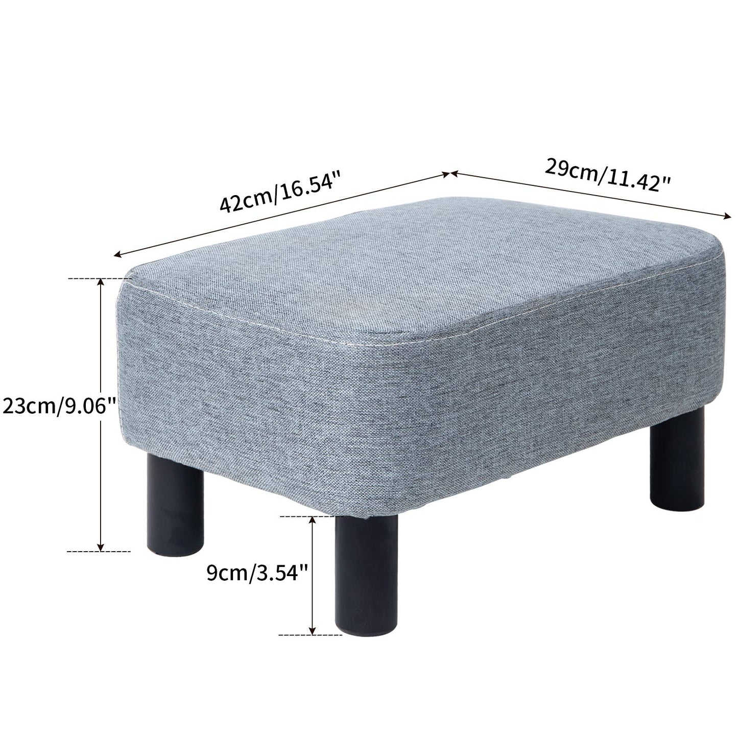 IBUYKE 16.54" Small Footstool Linen Fabric Pouf Ottoman Footrest Modern Home Bedroom Rectangular Stool, with Padded Seat Pine Wood Legs, Gray Blue RF-BD214-D