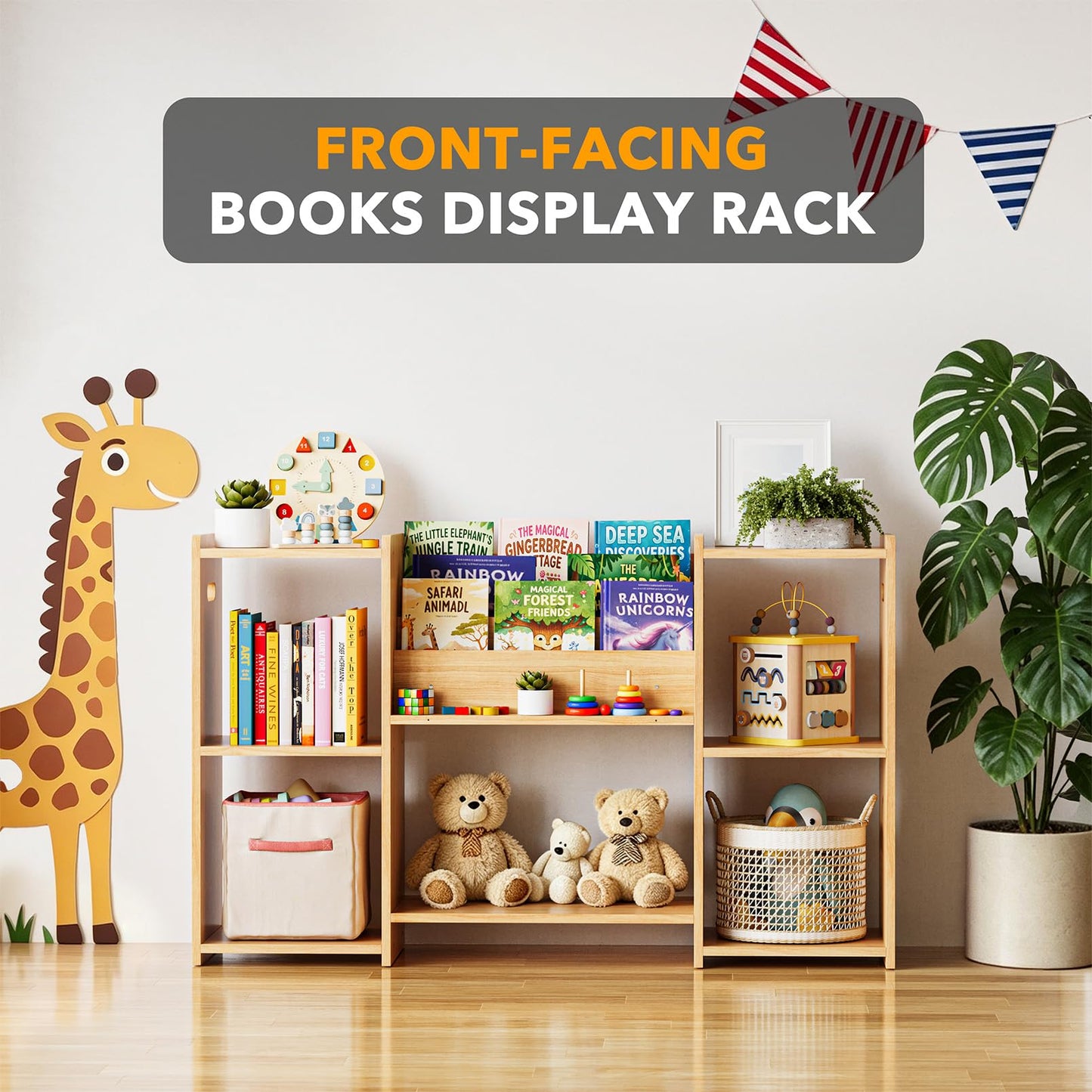 SpaceAid 6-in-1 Bookshelf Storage Organizer, Montessori Bookcase for Toddlers, Wooden Book Rack Shelf Cabinet Furniture for Kids Rooms, Playroom, Nursery and Classroom, 45.6“ Wide, Natural