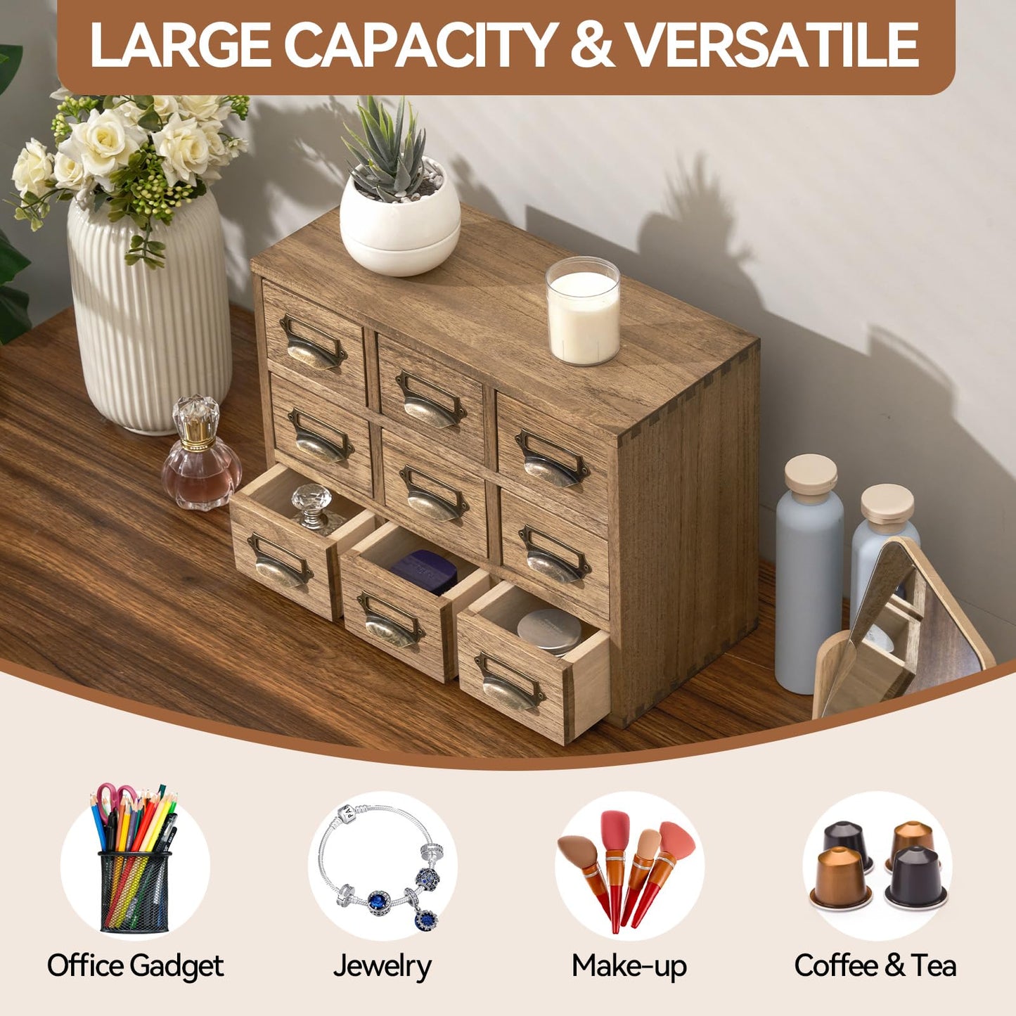 KIRIGEN Wooden Desk Storage Cabinet with 9 Mini Drawers, Solid Wood Desktop Organizer with Metal Label Handles for Office Supplies, Crafts, Tea Bags, Makeup, Brown 9CG-DBR